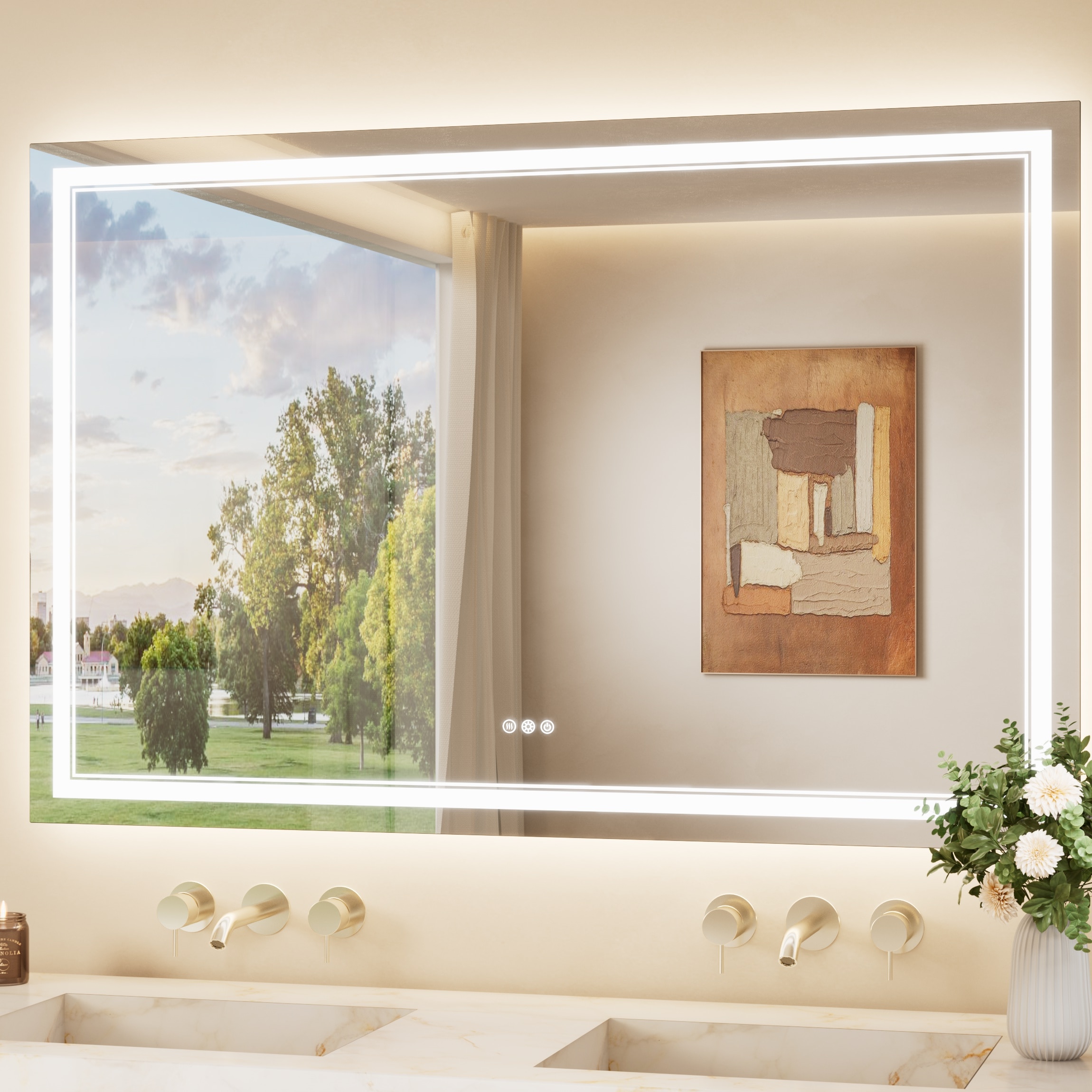 TETOTE - 55x36 Inch Front and Backlit LED Bathroom Mirror Split-Control Dimmable Lighted Vanity M...