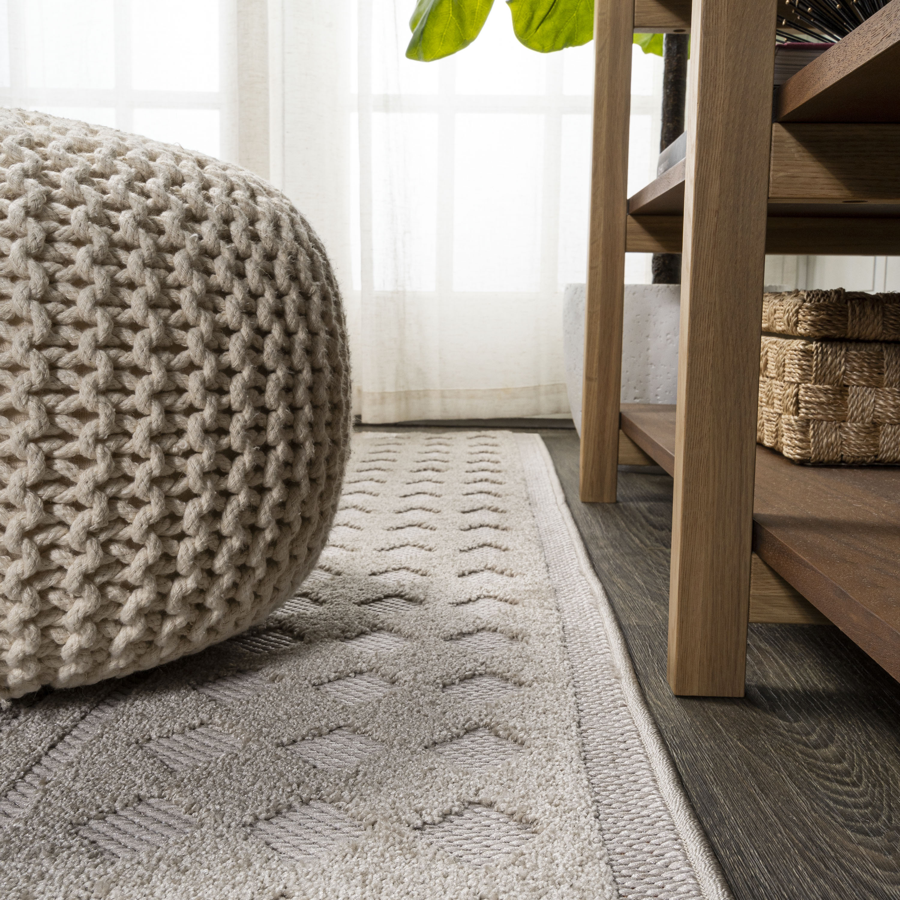Ivory and Beige Geometric Synthetic Indoor/Outdoor Runner Rug