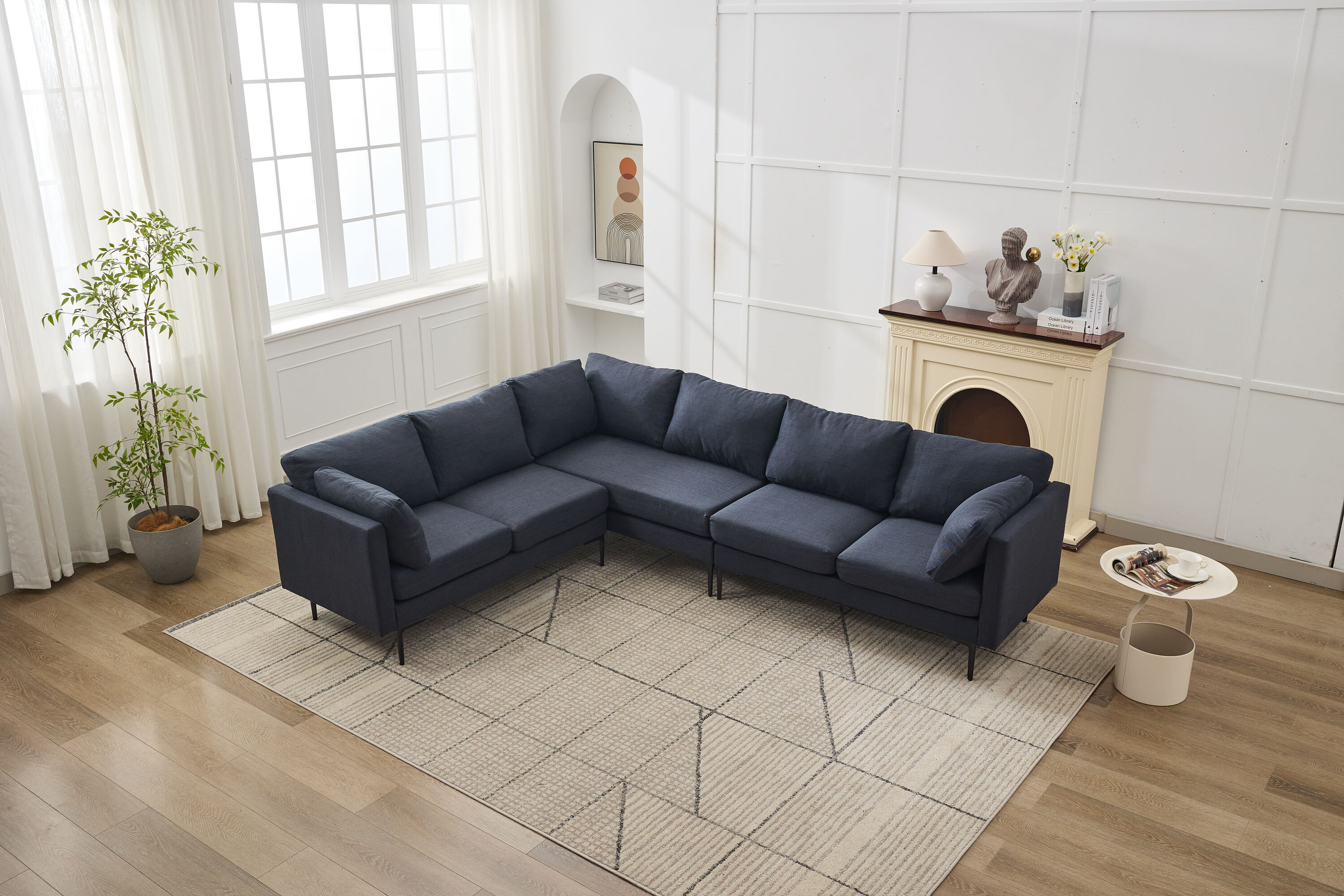 LOVMOR 106 Inch Modern L shaped 6 Seat Convertible Sectional Sofa Set with 2 Pillows Linen Metal Legs