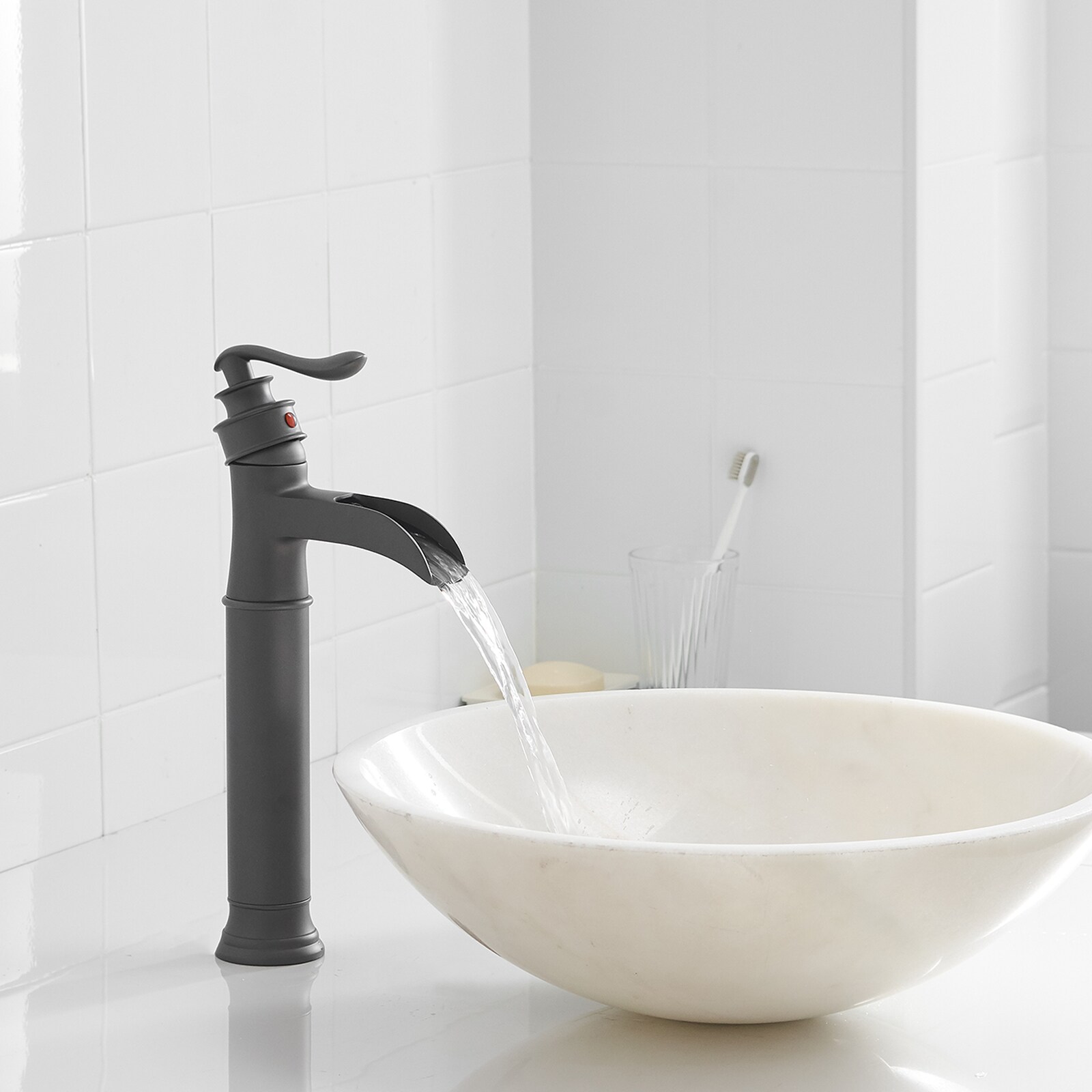 BWE Matte Gray Vessel 1Handle WaterSense Waterfall Bathroom Sink