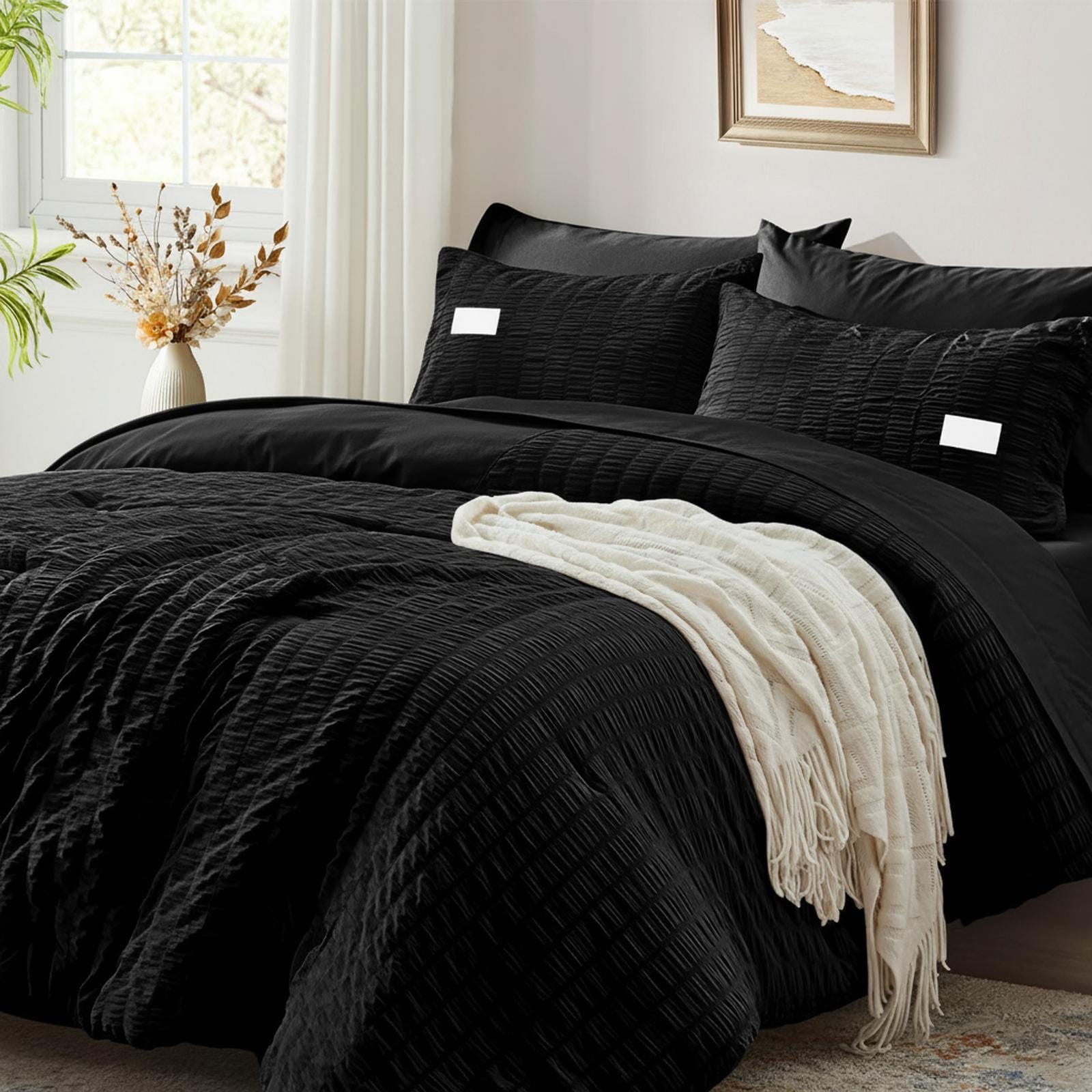 OMOMMD Full Comforter Seersucker Bed In A Bag With Sheets All Season Bedding Sets Pillow Shams Pillowcases Flat Sheet Fitted Sheet