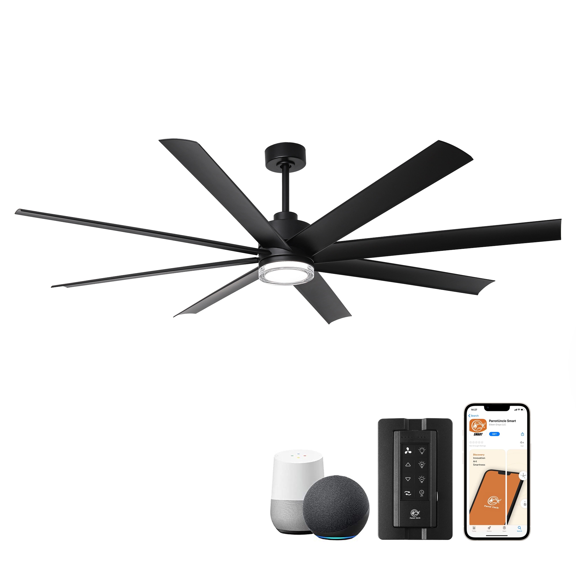 Parrot Uncle F6389BKS-SMART Smart Fan 72-in Color-Changing Integrated LED Outdoor Smart Matte Black with Matte Blades Ceiling Fan With Light - Remote Included ( 8 -Blade )