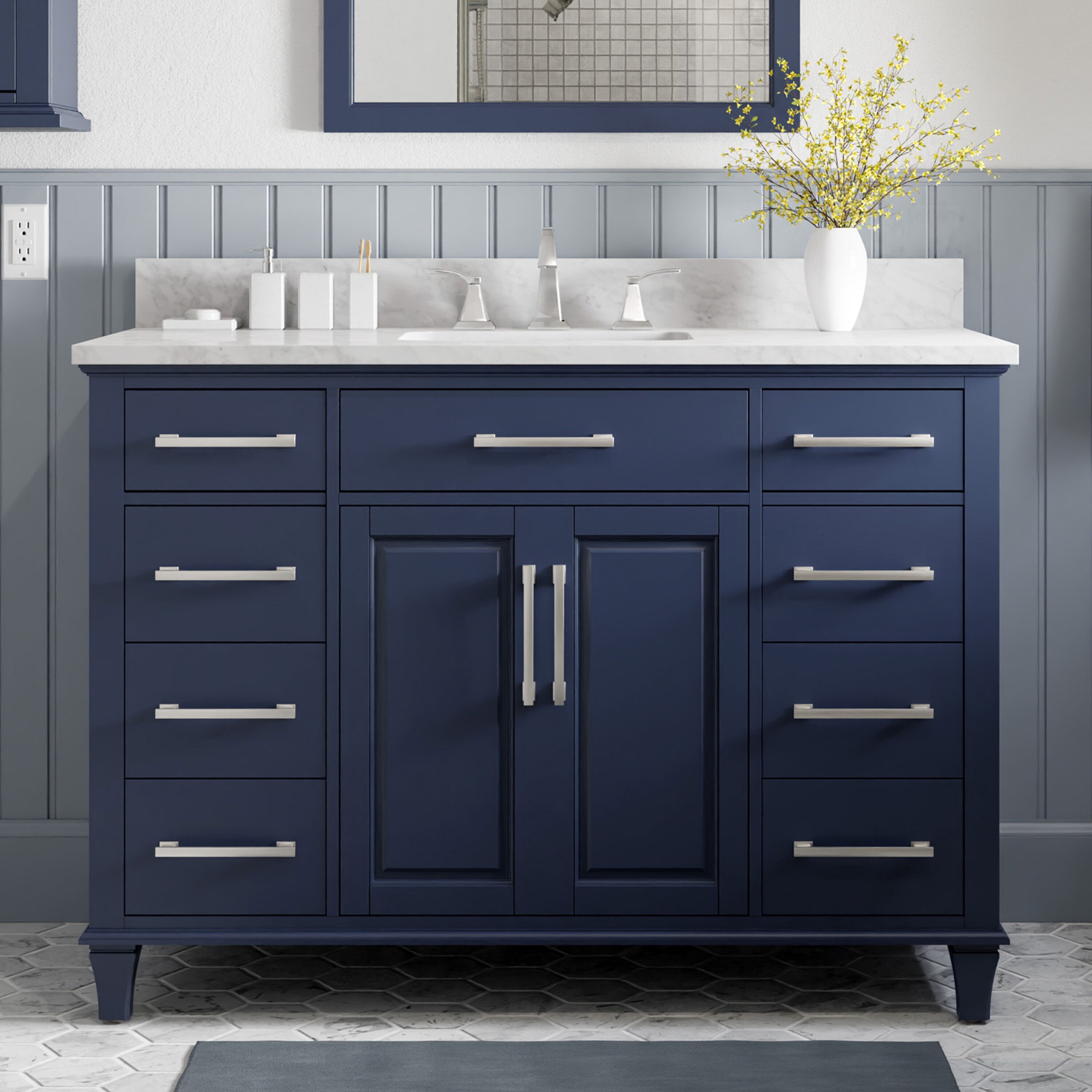 Brookview 48-in Royal Navy Undermount Single Sink Bathroom Vanity with Carrara Natural Marble Top in Blue | - allen + roth 1789VA-48-323-900-UM