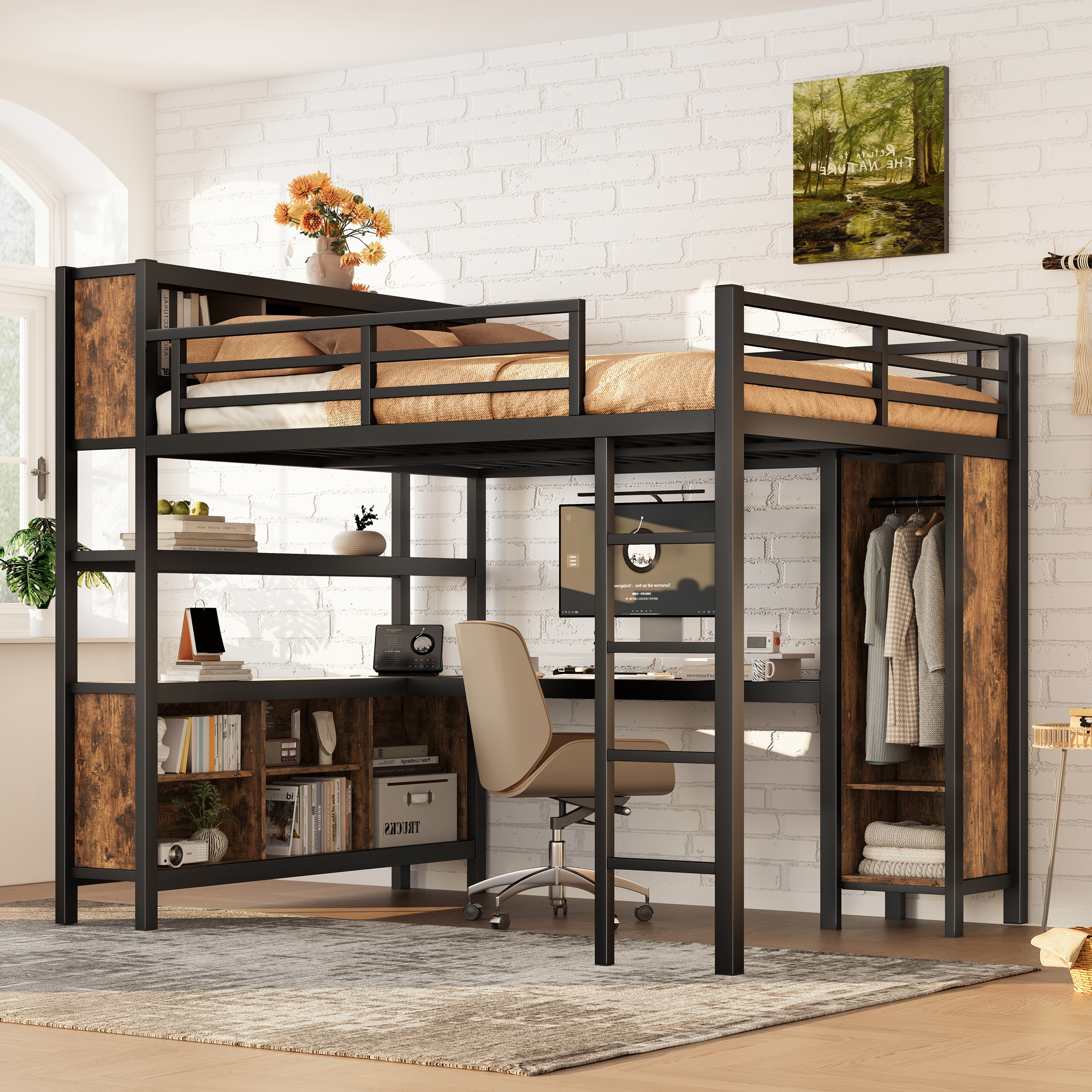 LOVMOR - Black Woodgrain Queen Metal Loft Bed L Shaped Desk Wardrobe Storage