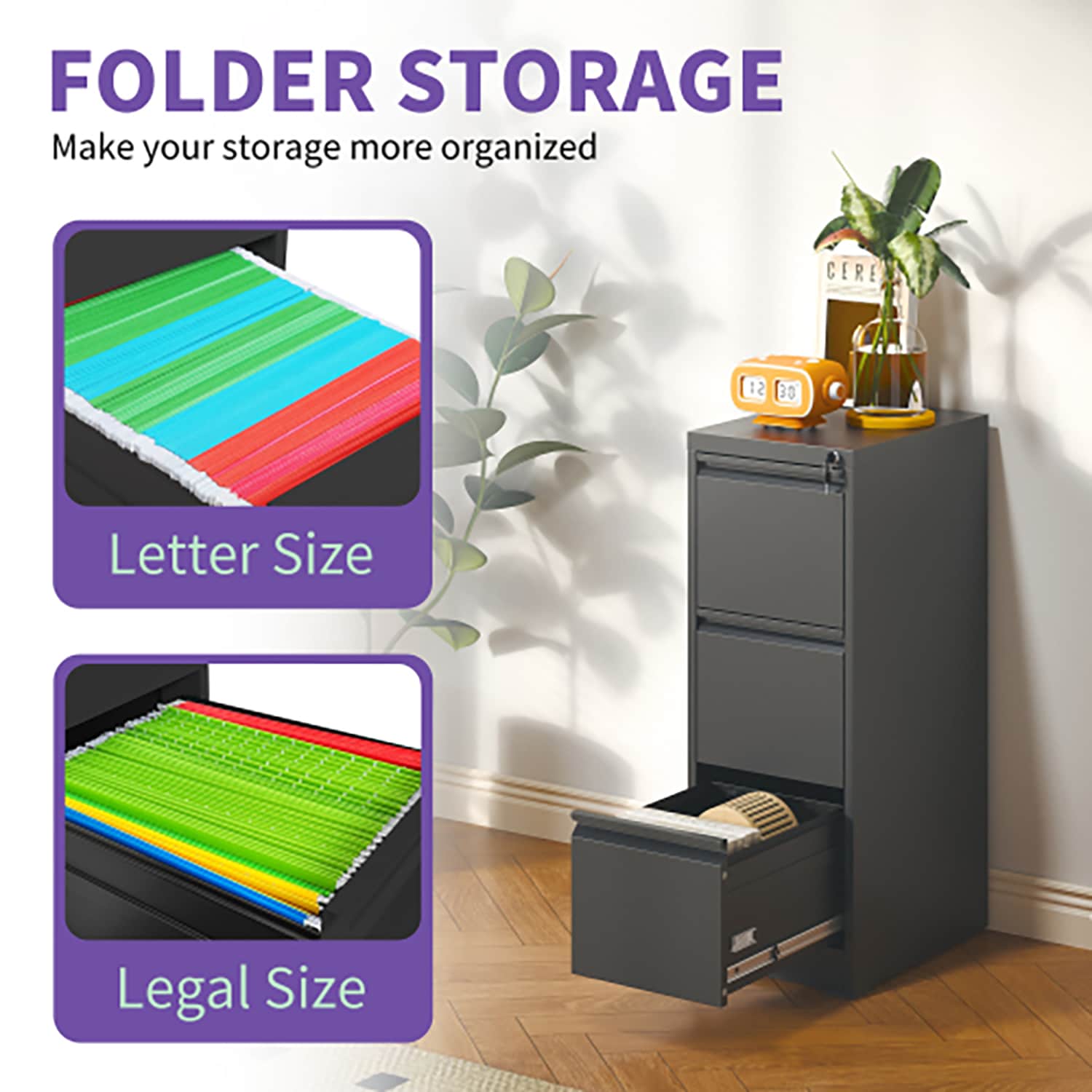 Black Steel 3-Drawer Lockable Vertical File Cabinet
