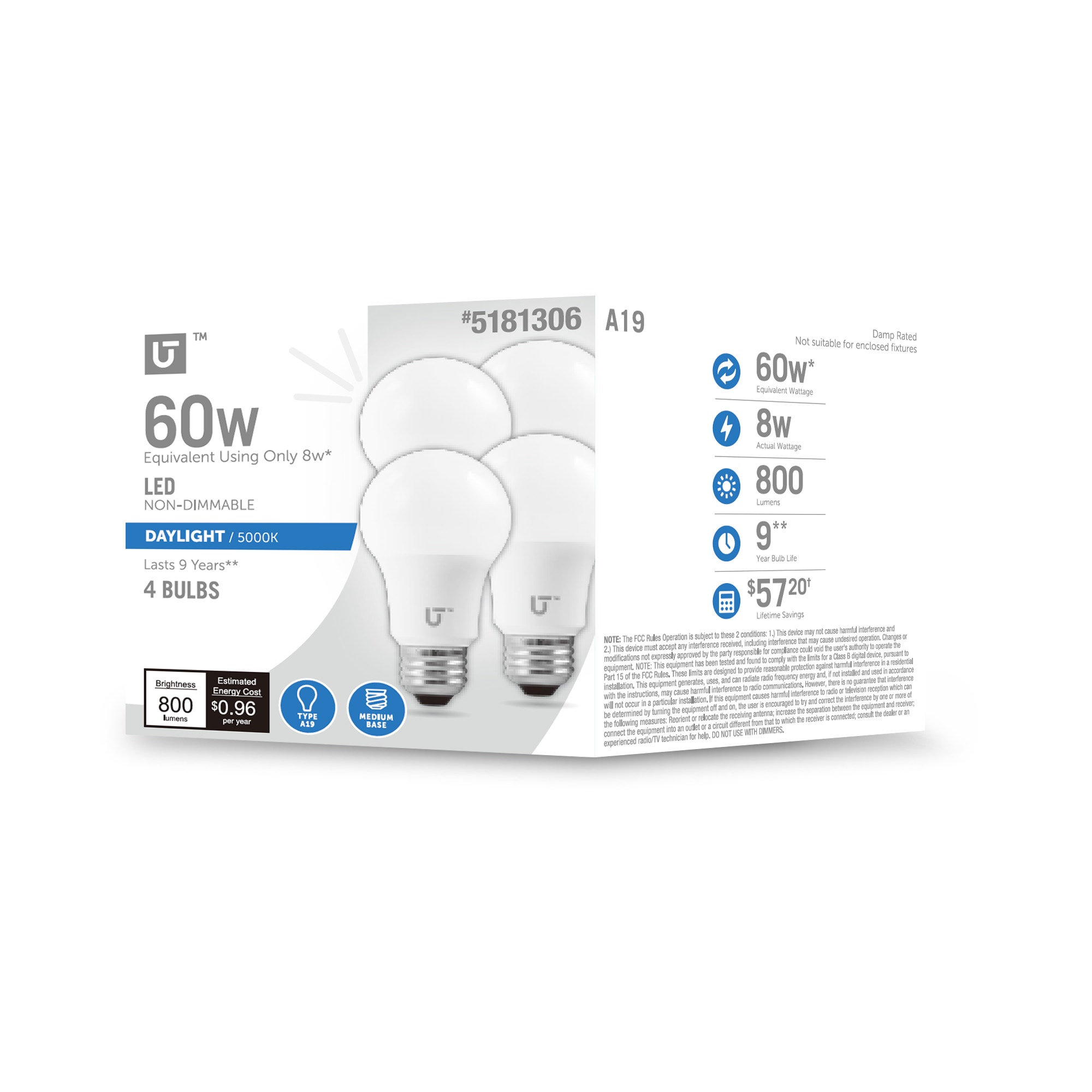 Utilitech YGA03C54-8W-850-4 Non-Dimmable 60 -Watt EQ A19 Daylight E26 LED General purpose Light Bulb 4 -Pack