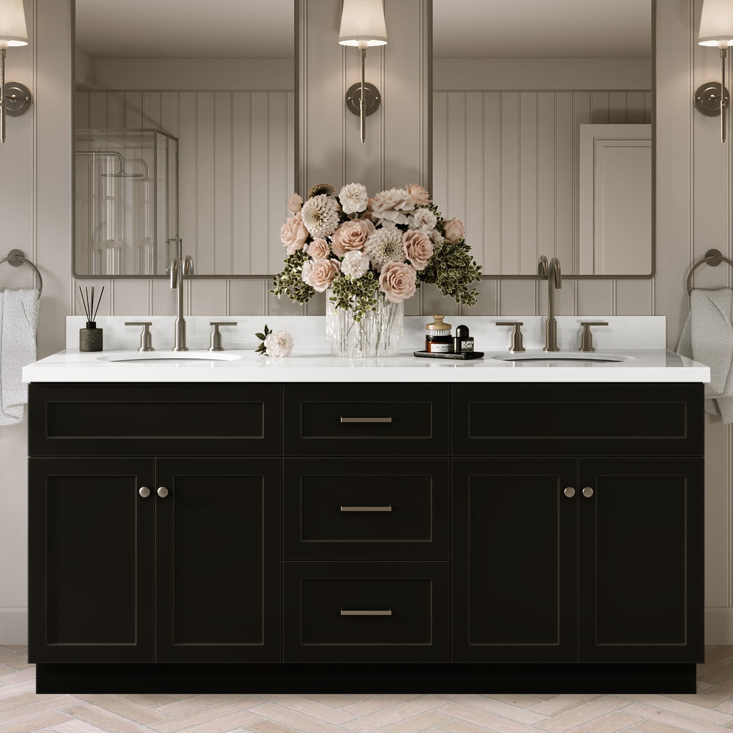 ARIEL Hamlet 72-in Black Undermount Double Sink Bathroom Vanity with Pure White Quartz Quartz Top