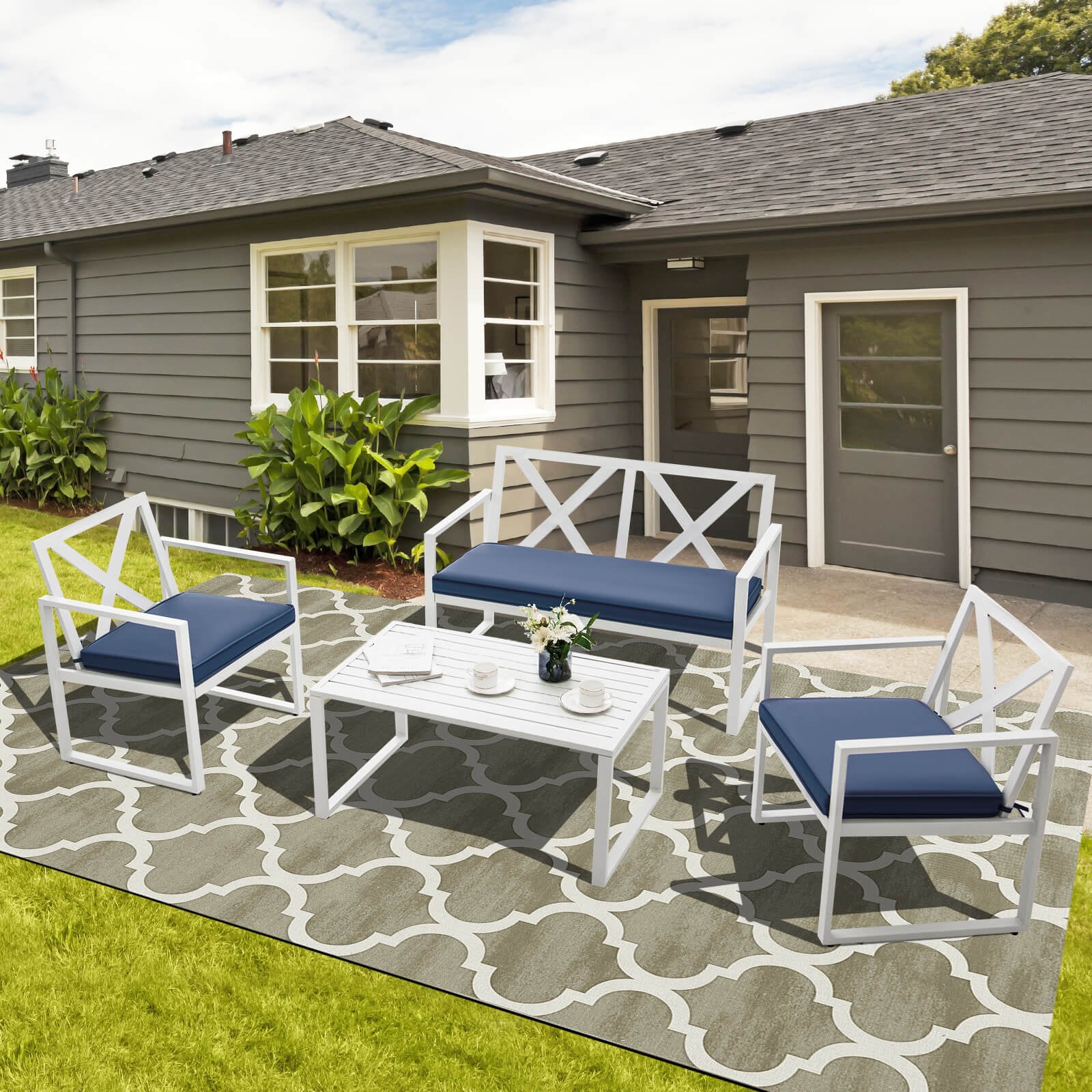Forclover HBV-4413 4 -Piece Patio Conversation Set with Blue Cushions