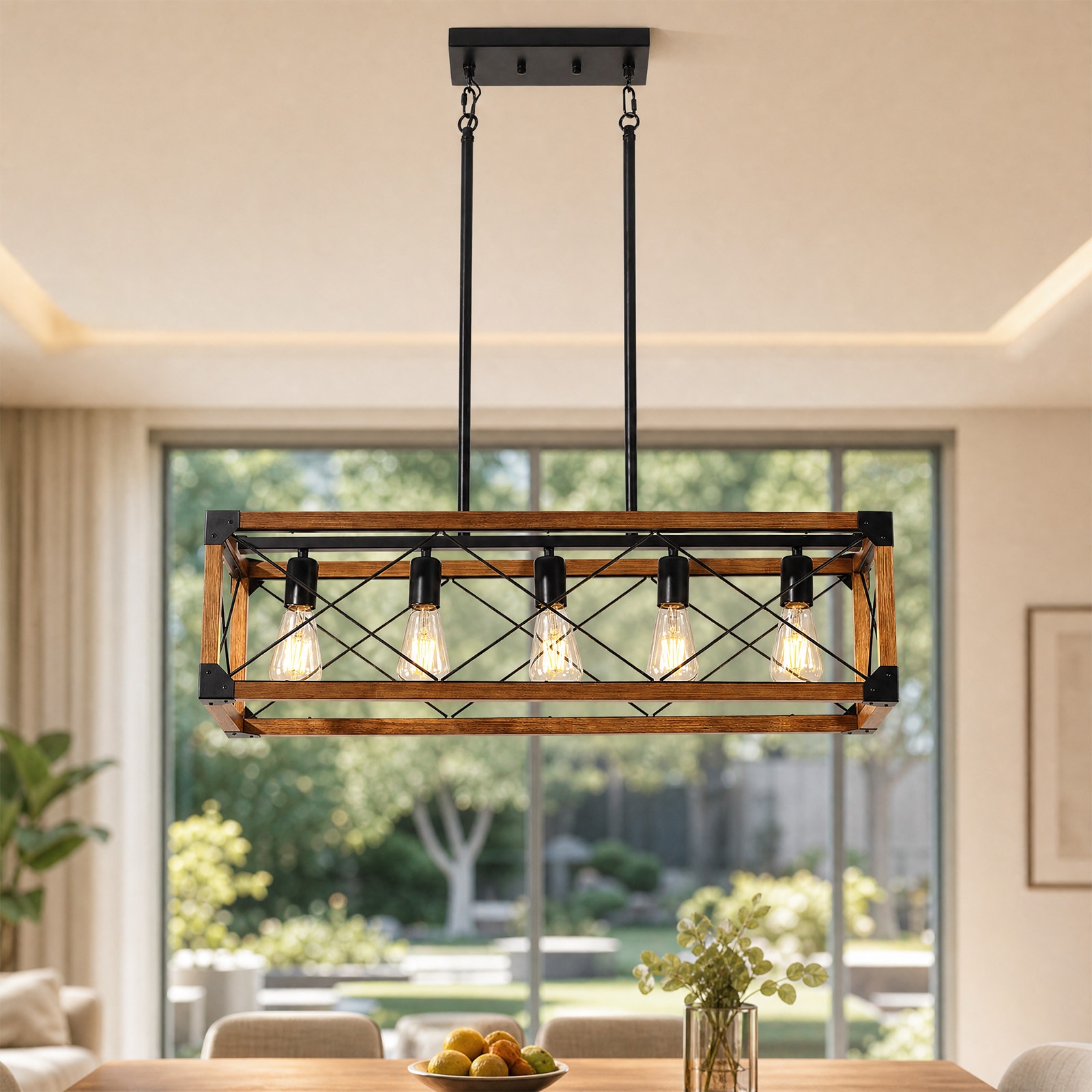 kanslol 5-Light Wood and Black Linear Chandelier Fixture with Open Geometric Frame for Kitchen Island Dining Room