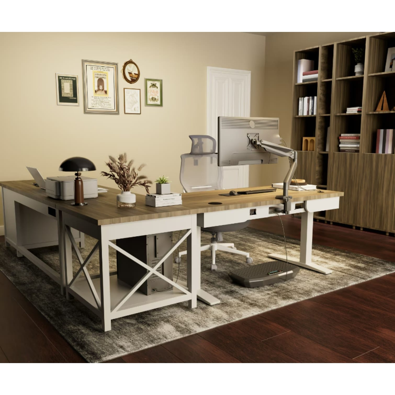FlowLuxe Clean White Corner Desk with Metal Frame and Oak Veneer Top L ...