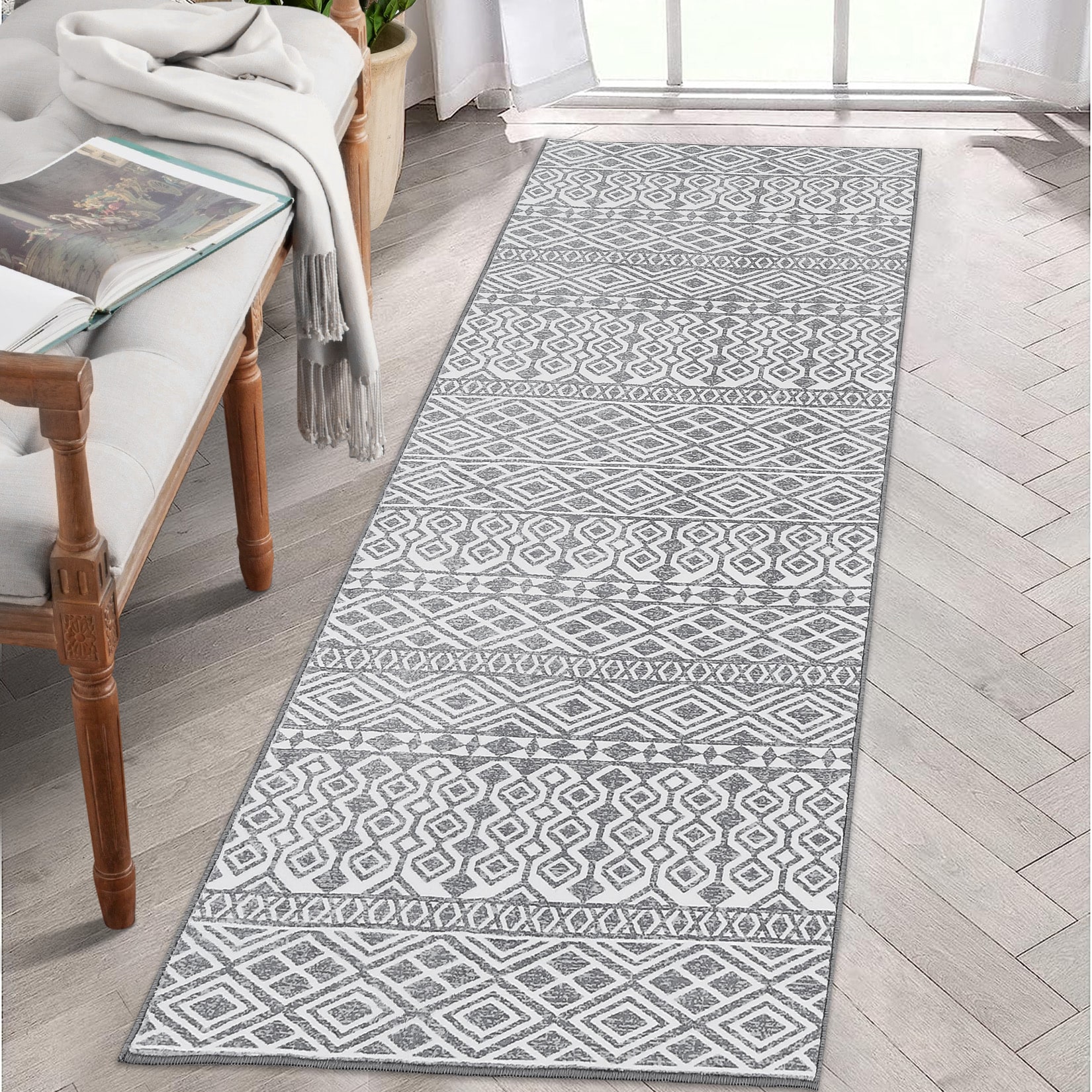 Garvee YXY-LO-PHO-0ZBIMMPQ 2 x 8 (ft) Loomed Polyester Gray Rectangular Indoor Geometric Moroccan Machine washable Runner rug