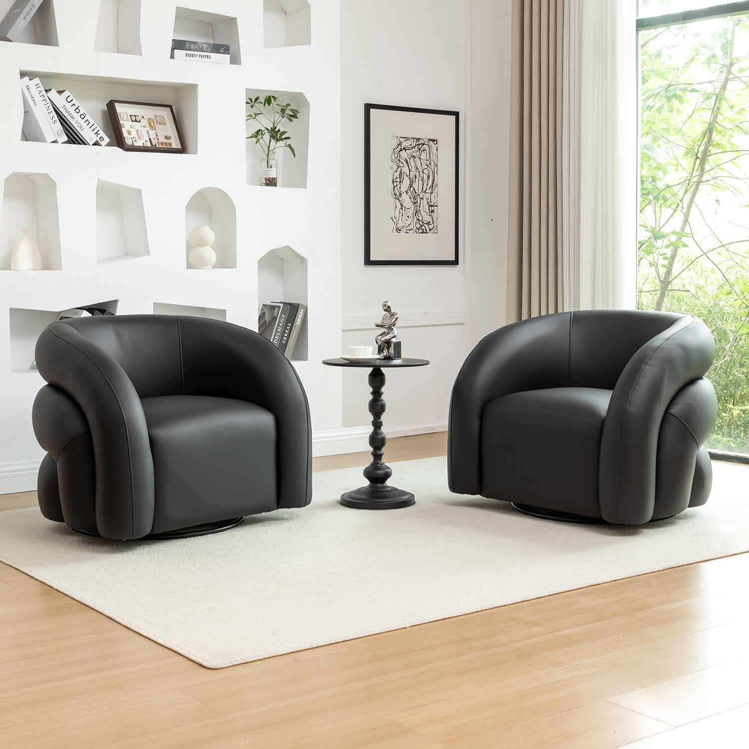 SEYNAR CE720-BLACK-S2 Modern Glam PU Leather 360 Degree Swivel Accent Armchair with Metal Base Set of 2