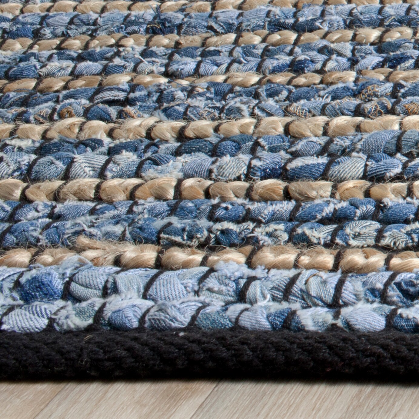 Handmade Blue and Natural Cotton Square Geometric Area Rug