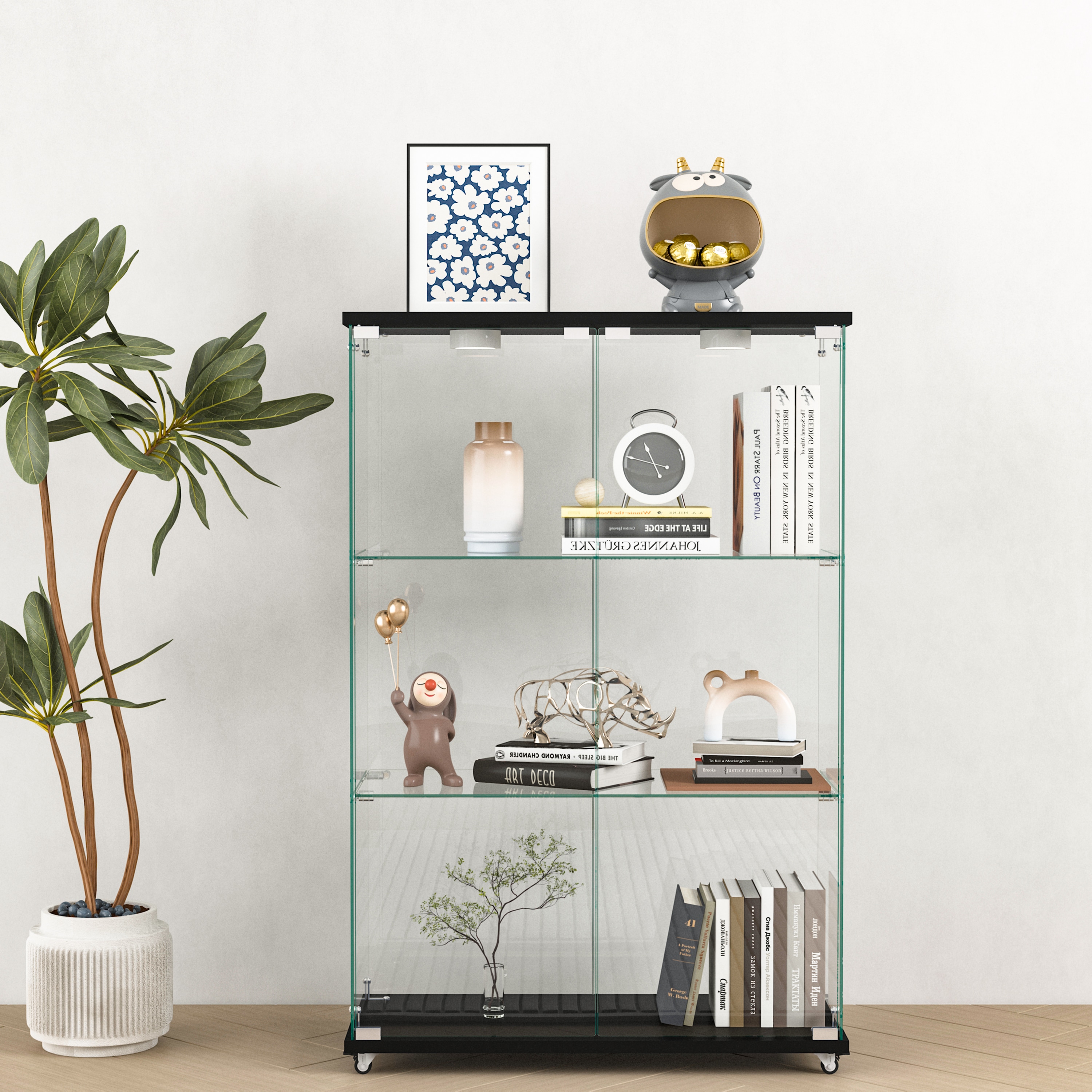 LOVMOR SF-Y-W241P242926 Modern Glass Display Cabinet with LED lights Quick assembly Antique Cabinet Tempered Glass Bookshelf Suitable for Living Room and Bedrooms 2 door 3 shelf Transparent+Black
