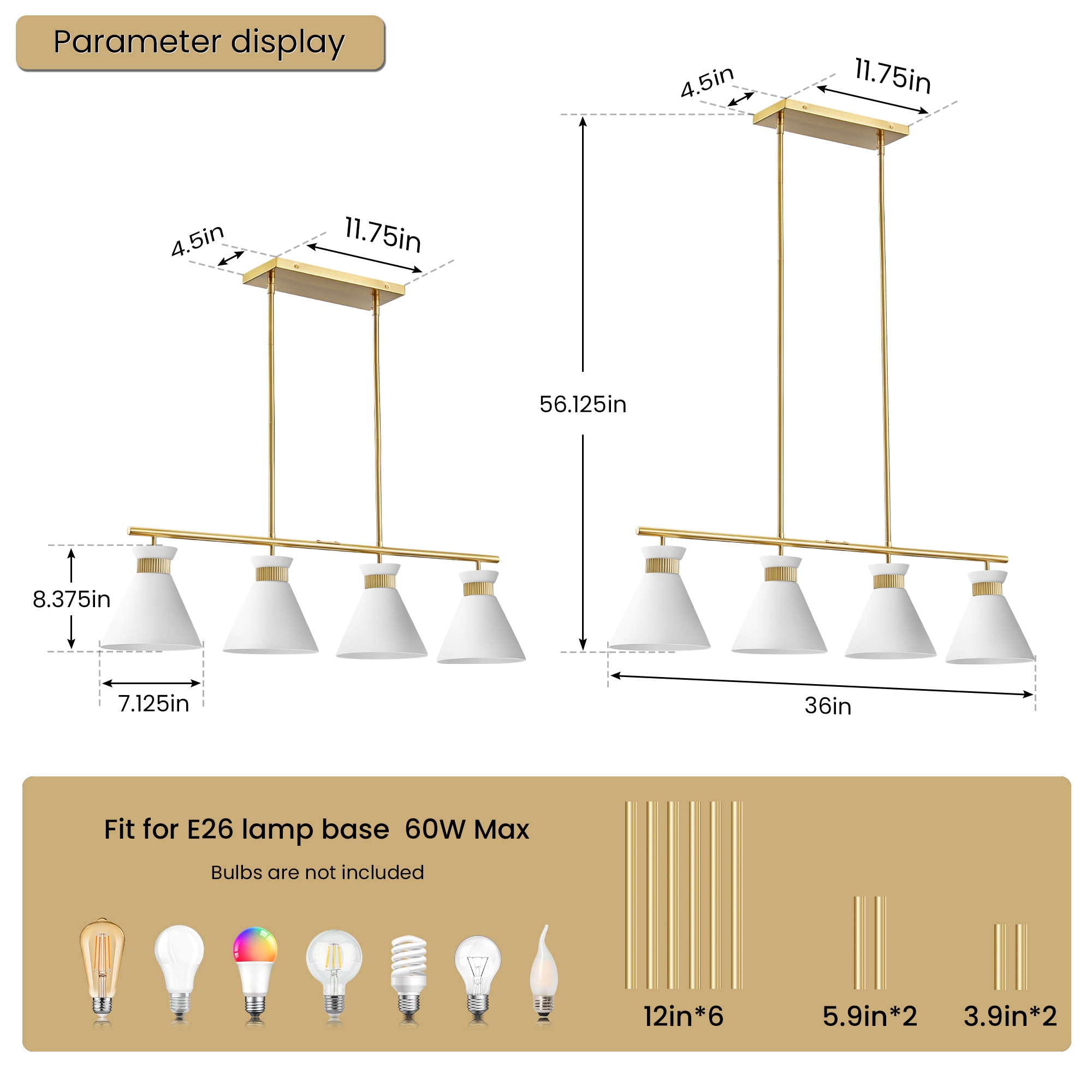 KAISITE 60-Watt 4-Light Gold Shaded Pendant Light With Frosted
