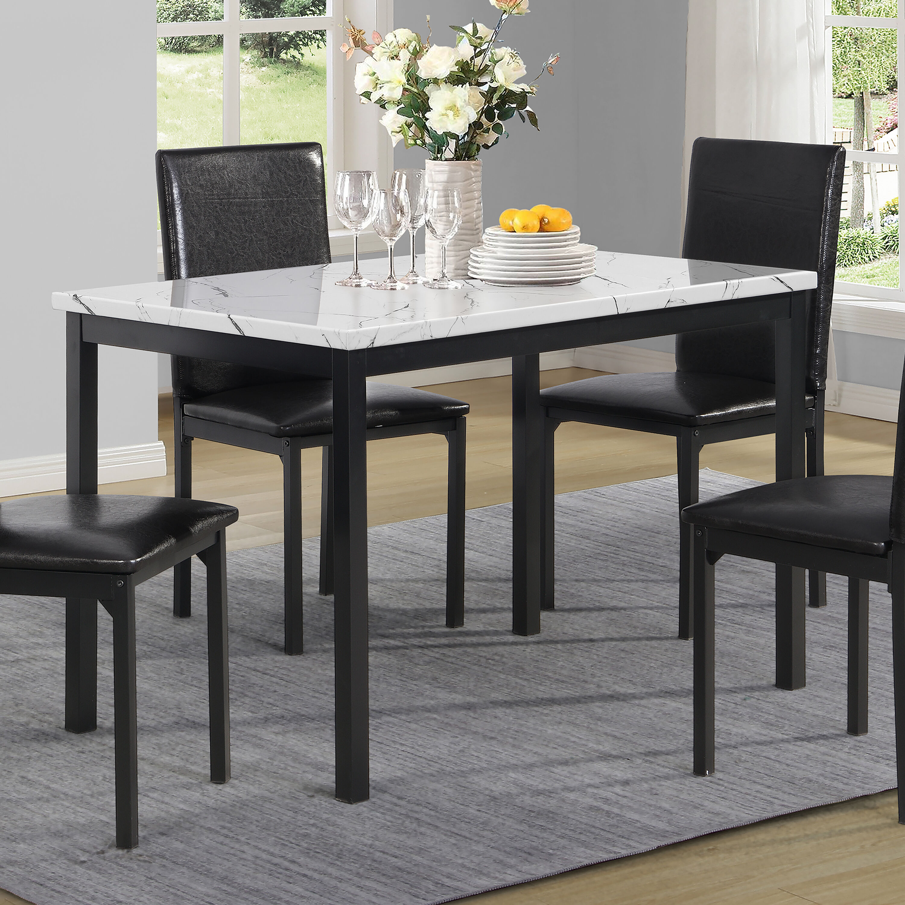 Contemporary Rectangular Faux Marble Dining Table with Black Metal Legs