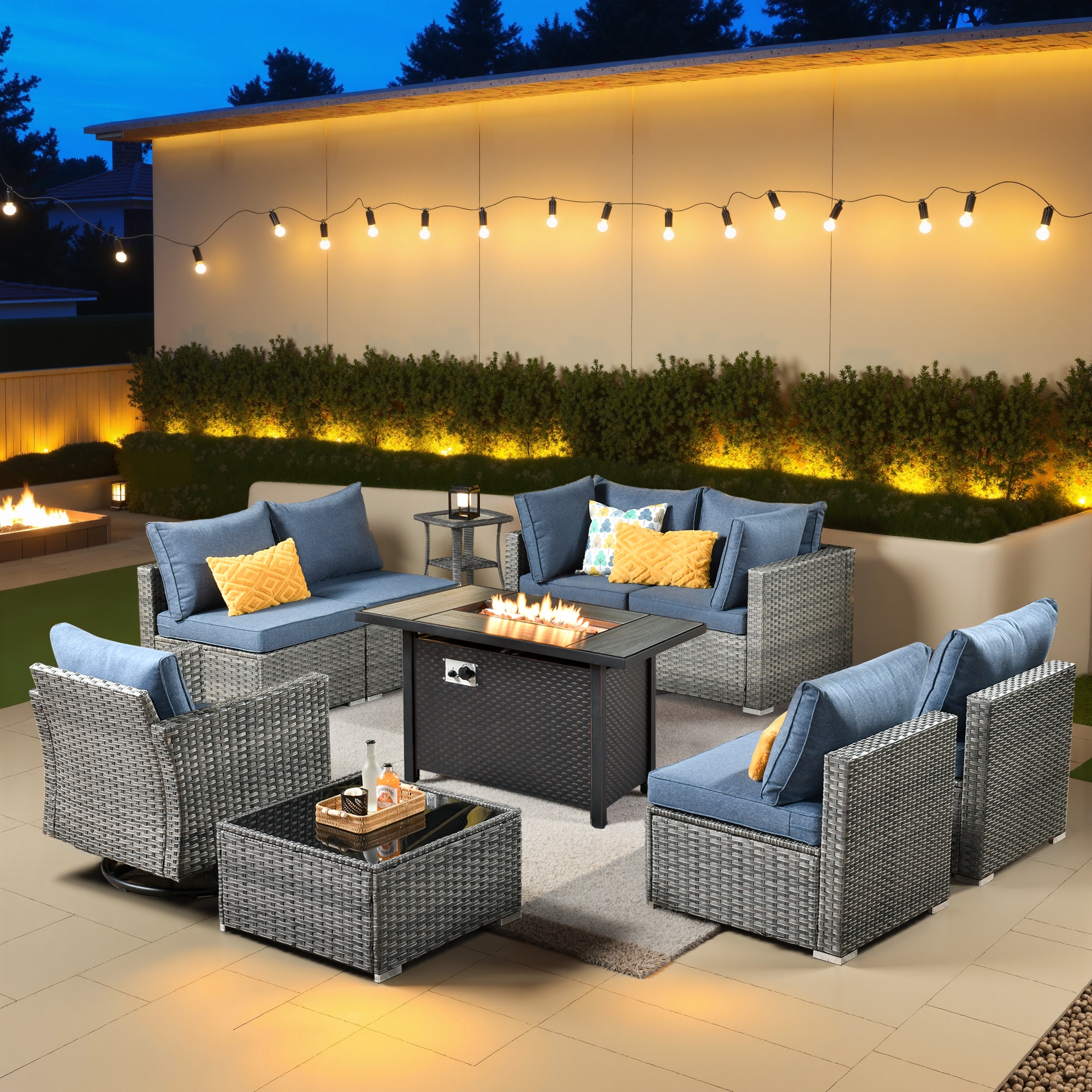 Pouuin SYZHOP307 Wicker Outdoor Sectional with Blue Cushions and Wicker Frame
