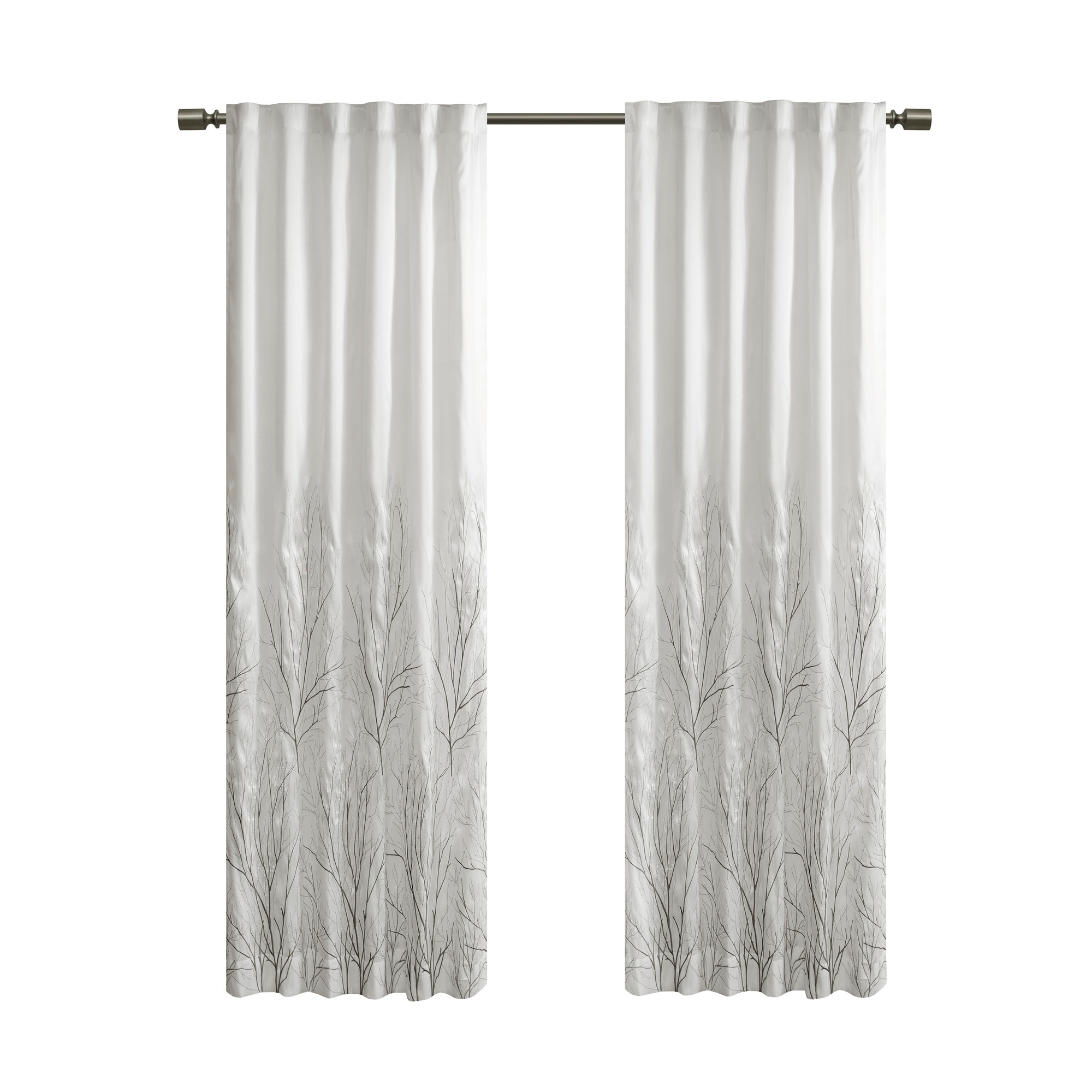 White Faux Silk Embroidered Puddle Length Curtain Panel