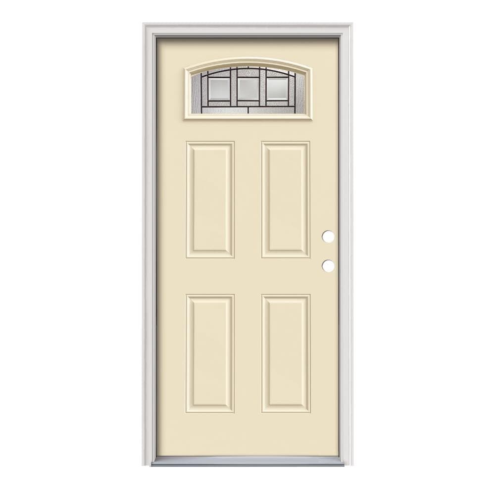JELD-WEN LOWOLJW167600363 Craftsman 36-in x 80-in x 4-9/16-in Steel 1/4 Lite Left-Hand Inswing Bisque Painted Prehung Front Door with Brickmould Insulating Core