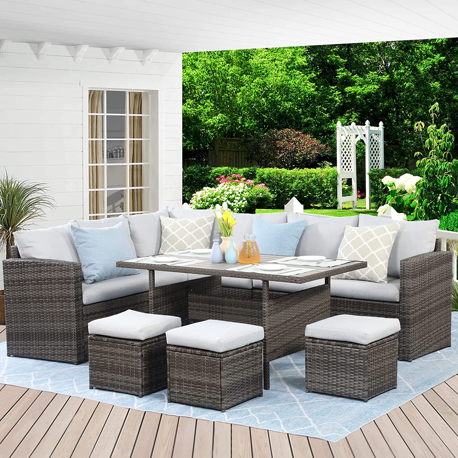 Forclover CTR-S00024 Patio Conversation Sets 7 -Piece Rattan Patio Conversation Set with Light Gray / Cushions