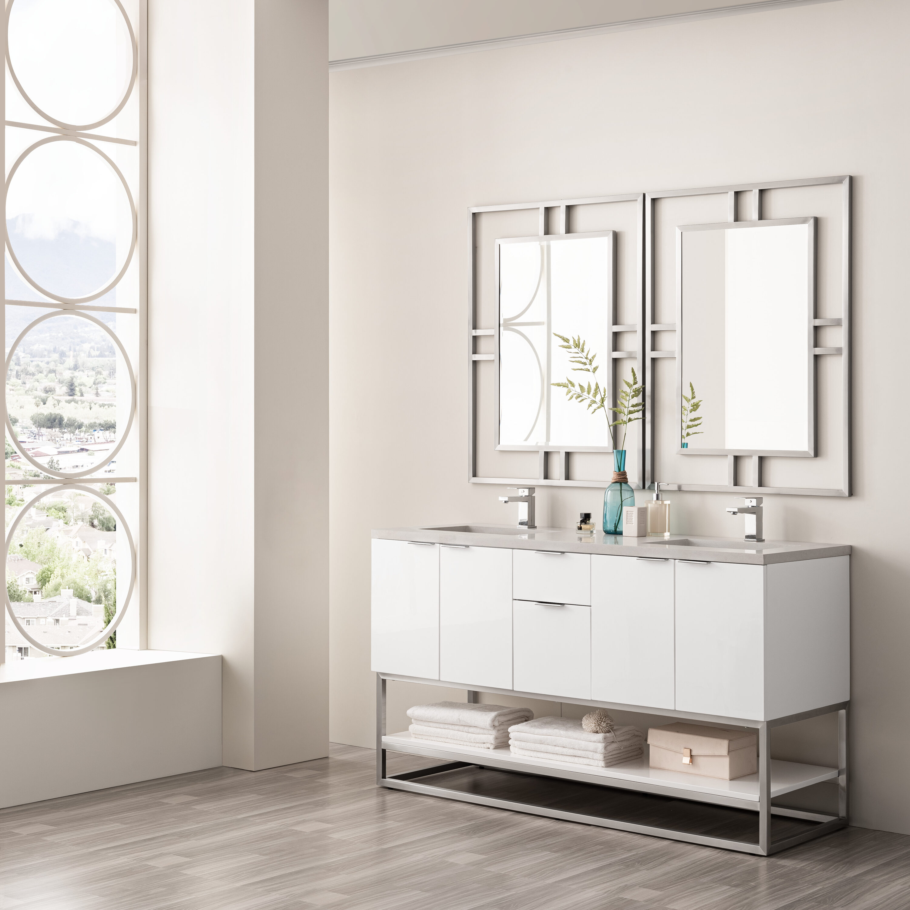 James Martin Vanities HD388V60D-GW-PG Brenlyn 60-in Glossy White Undermount Double Sink Bathroom Vanity with Pietra Gray Quartz Top
