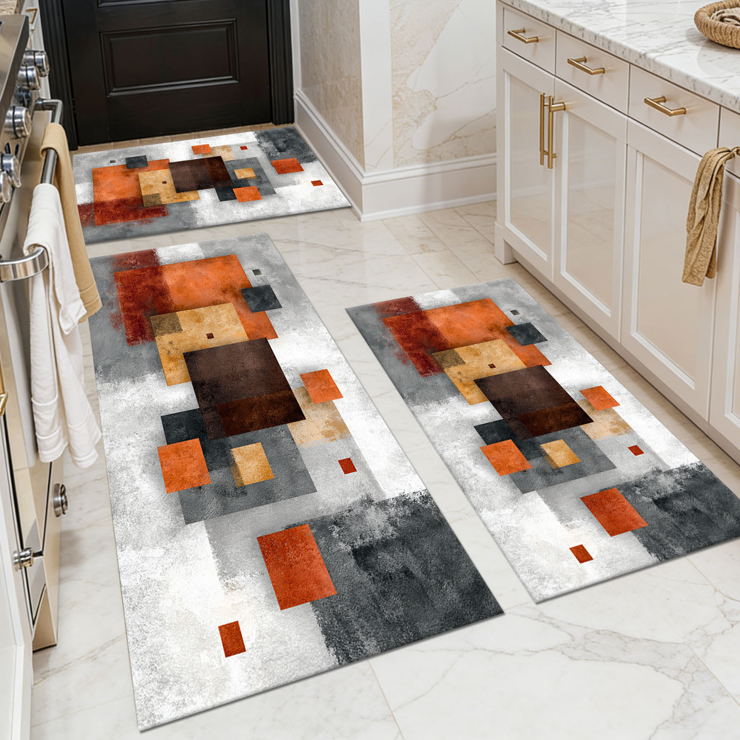 TOBILI  20 x 32in 20 x 47in 20 x 60in Loomed Faux Cashmere Orange Gray Rectangular Indoor Distressed Square Machine Washable Pet Friendly Kitchen Rug Set