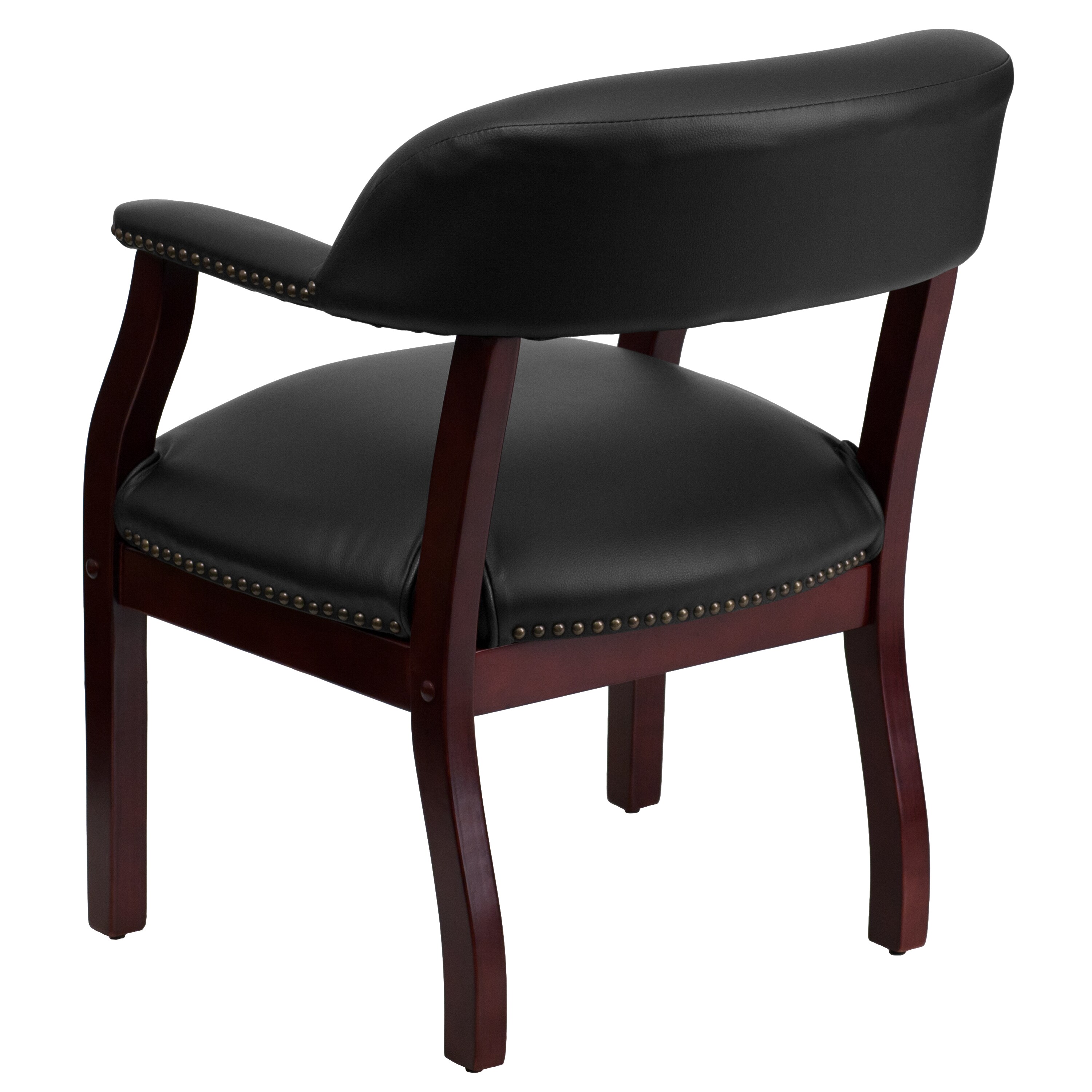 Elegant Black Vinyl and Wood Office Chair with Brass Nail Trim