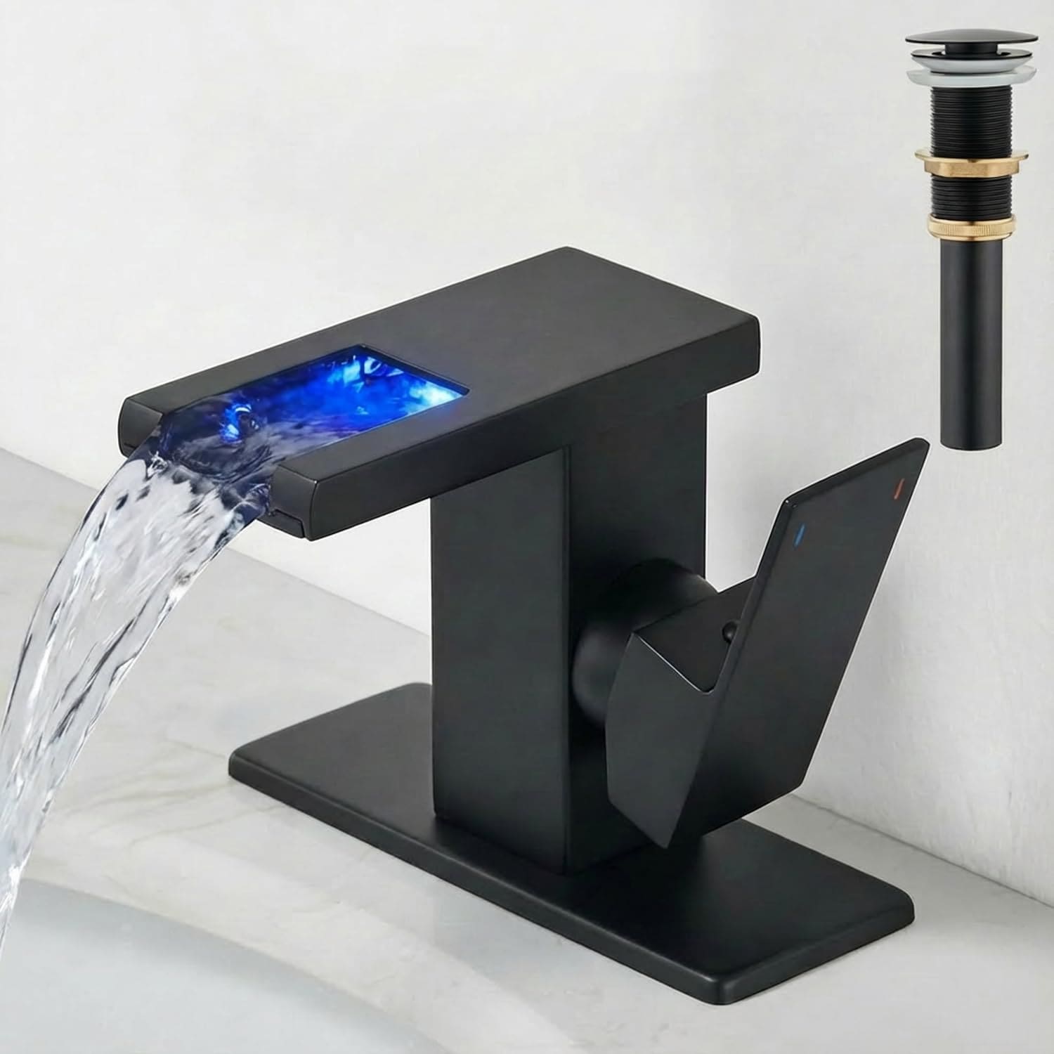 AVSIILE Single Hole Waterfall Bathroom Sink Faucet with LED Temperature Display Side Handle Matte Black Finish Pop Up Drain and Supply Lines Included
