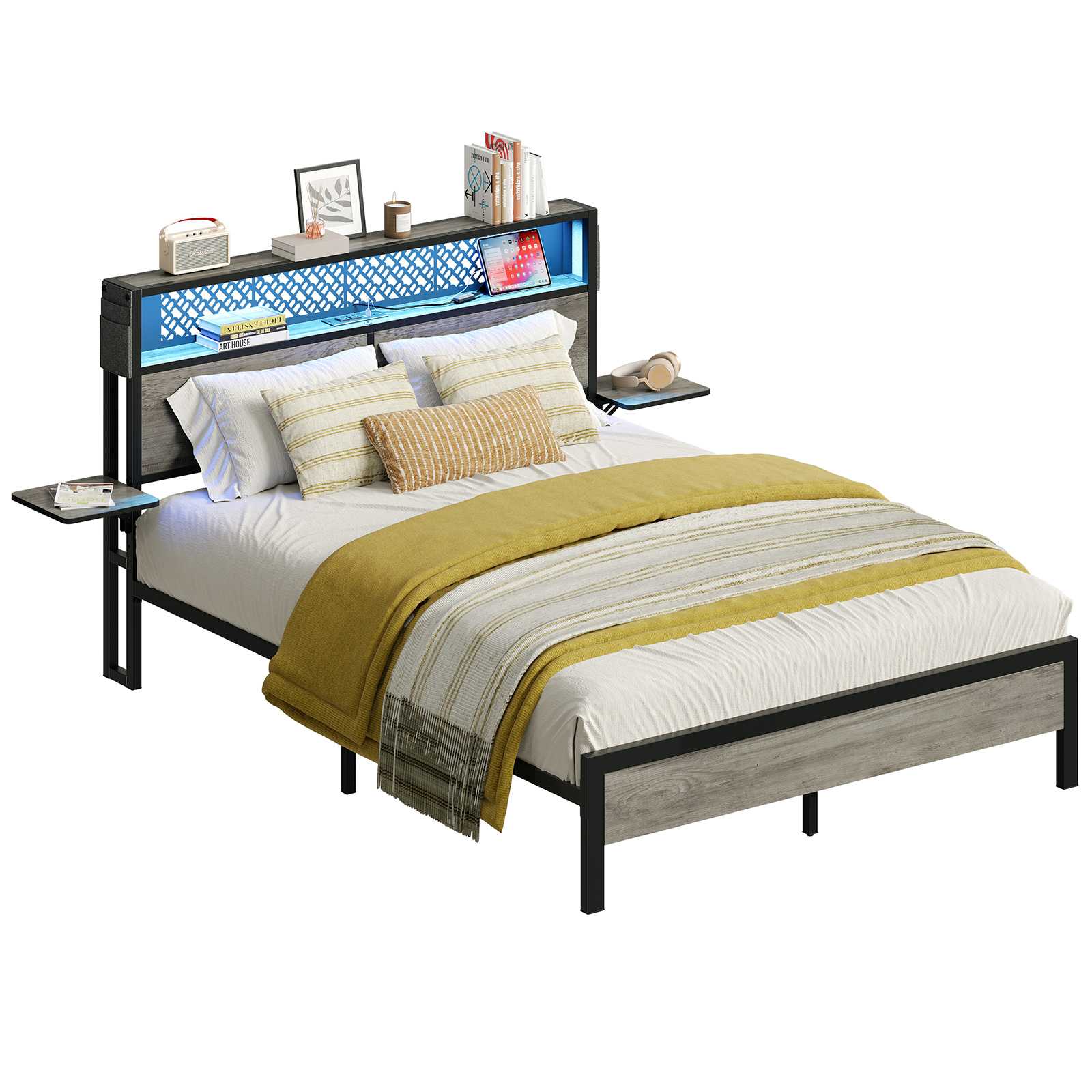 Bestier LOW-B701113SUS-GRYW 83.7-in W Queen Size Gray Platform Bed Frame with Wood Foldable Bedside Shelves and LED Storage Headboard and Charge Station