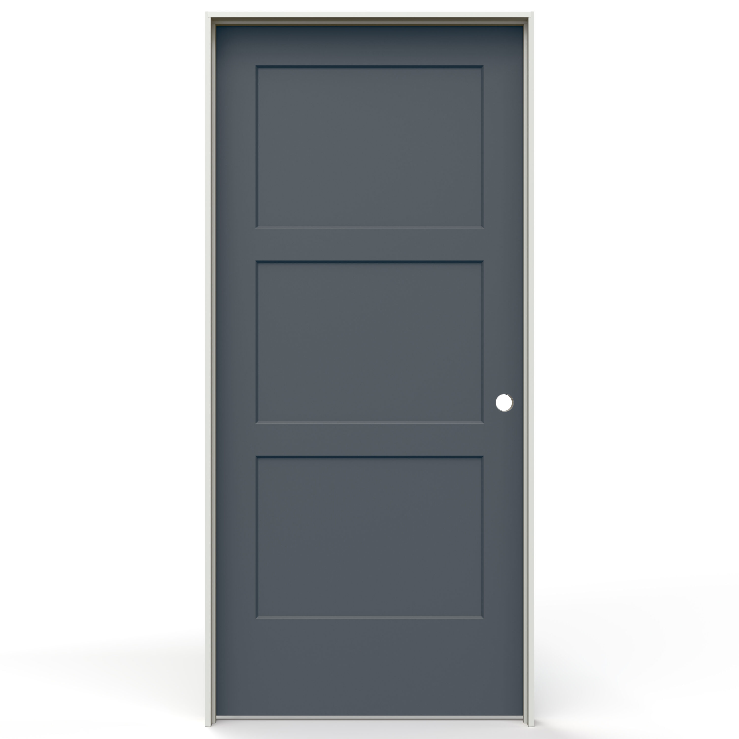 JELD-WEN LOWOLJW235301191 32-in x 80-in Steele Gray Solid core 3-panel equal Left hand Smooth Prefinished Molded composite Flat Jamb Single Prehung Interior Door