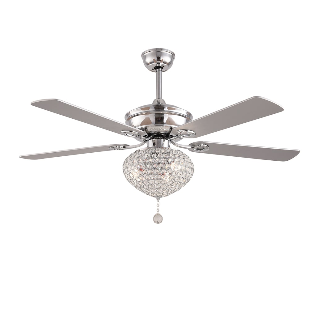 Oukaning HG-HCX-2184 52-Inches Chrome Crystal Lampshad with Pendant Timing with Wood Blades Indoor Downrod mount Pendant Ceiling Fan Light kit compatible and Remote ( 5 -Blade)