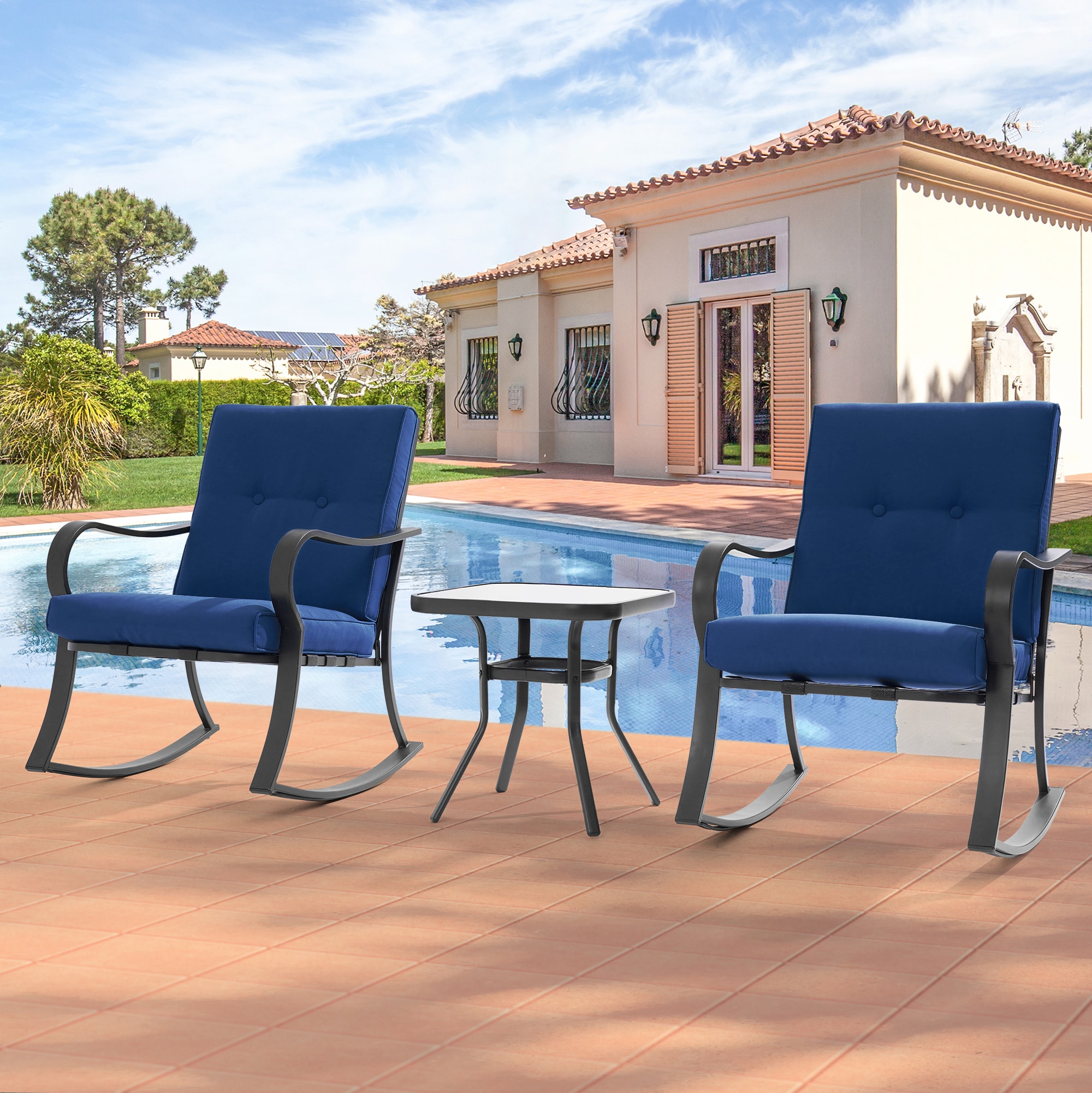 Sonkuki SD-C01N Patio Rocking Chairs 3 -Piece Patio Conversation Set with Blue Cushions