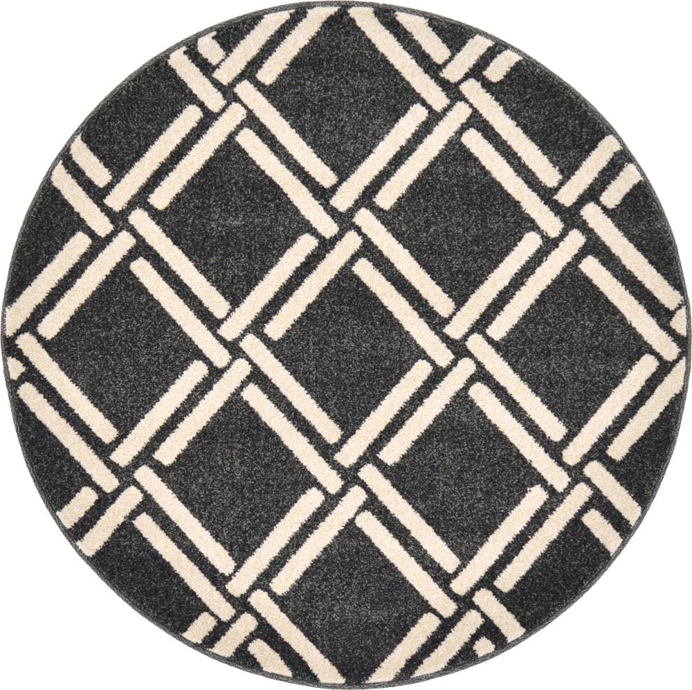 Unique Loom 3123797 Detroit Trellis 3 x 3 (ft) Loomed Polypropylene Black/Beige Round Indoor Trellis Industrial Area rug
