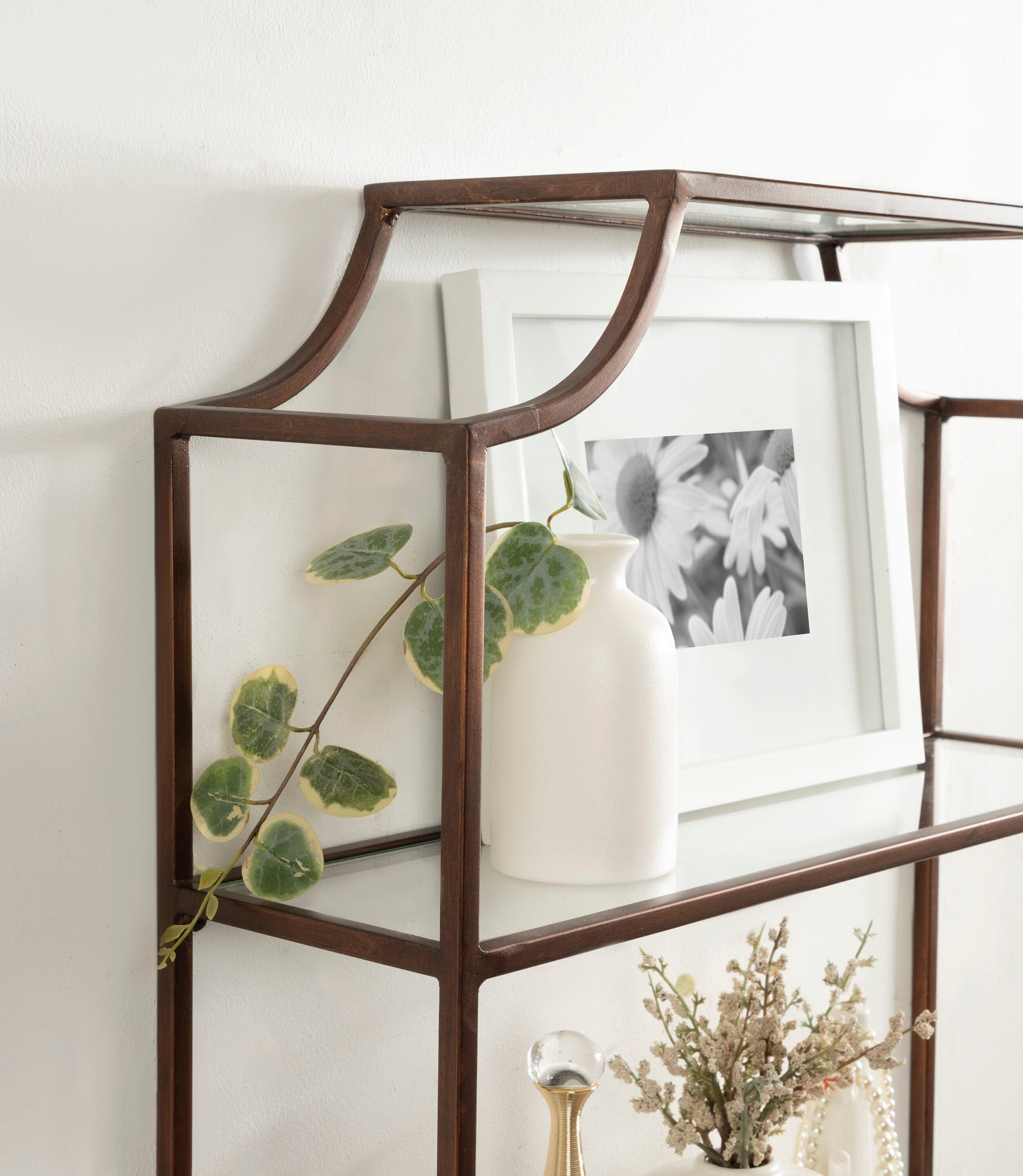 Bronze Metal Geometric Wall Shelf with Glass Tiers