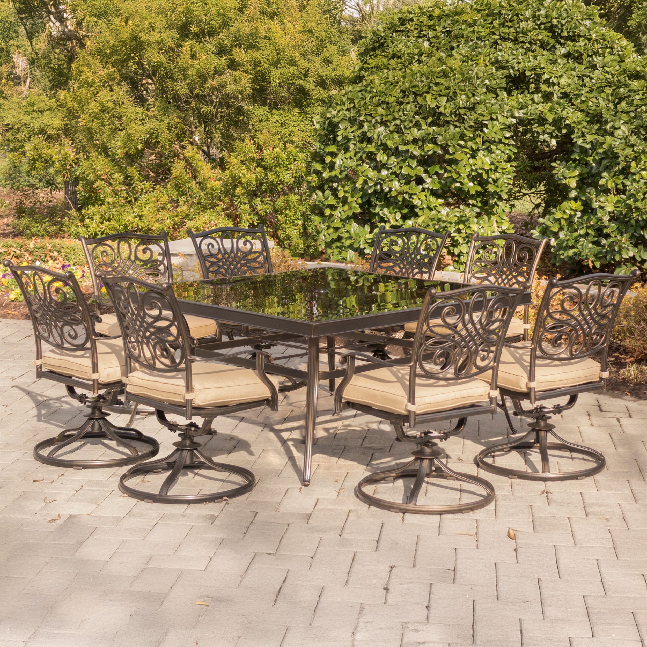 Traditions 9-Piece Bronze Aluminum Outdoor Dining Set with Tan Cushions