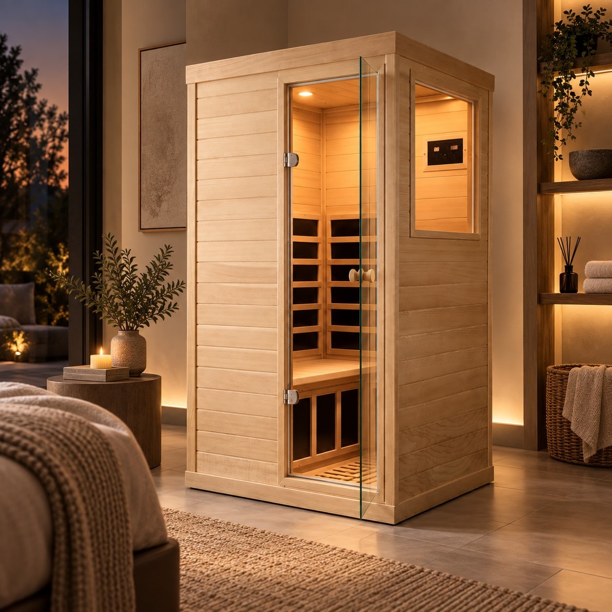 HBUDS Hemlock Wood Far Infrared Sauna for 1 Person Compact Size with Right Side Door for Small Room Home Indoor Use