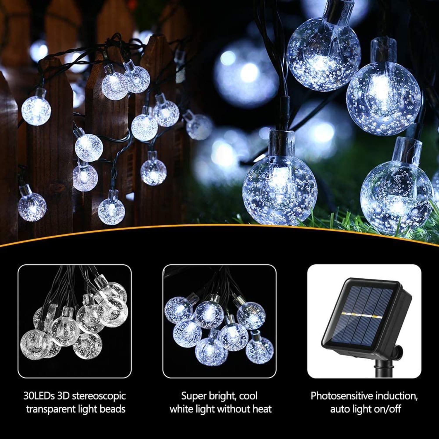 30 LED Solar Power Crystal Ball 20 Ft Outdoor/Indoor Decorative String Lights 