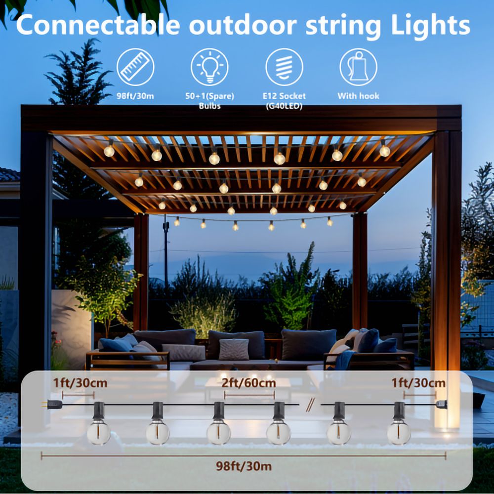 HomLux 98FT LED Outdoor String Lights with 50 Shatterproof G40 Bulbs ...