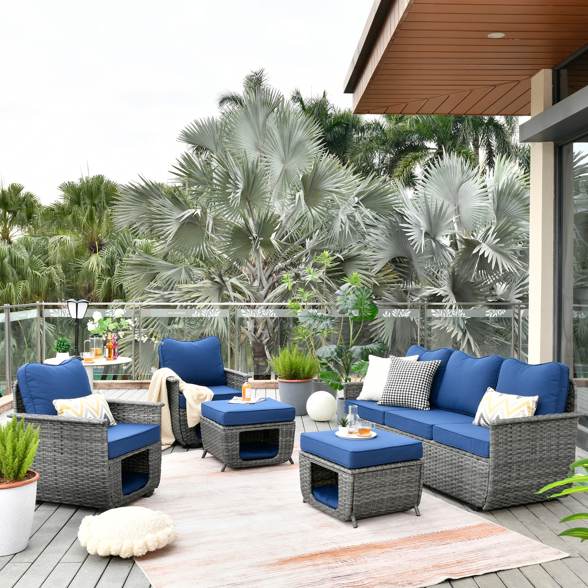 Pouuin 7-Piece Rattan Patio Conversation Set with Blue Olefin