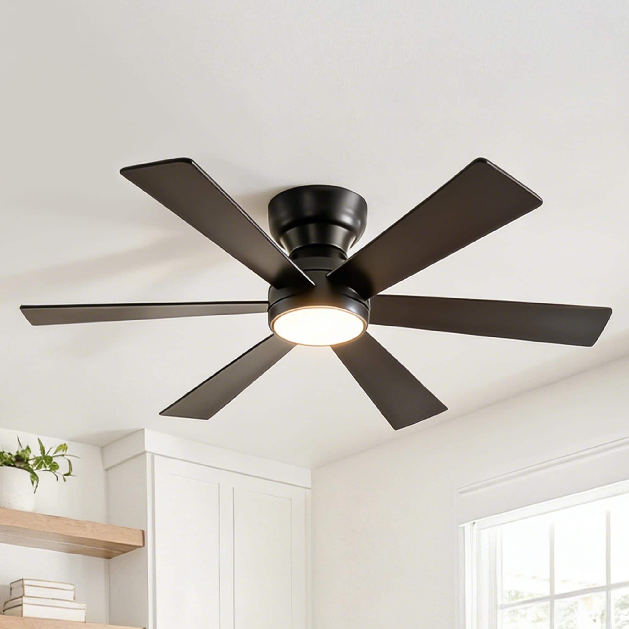 UOI 46 inch Matte Black Flush Mount Ceiling Fan with Lights Remote Control Quiet DC Motor 6 Plywood Blade Ceiling Fans 6 Speed Levels Reversible Ceiling Fan with Dimmable LED for Patio Living Room Bedroom Office Indoor