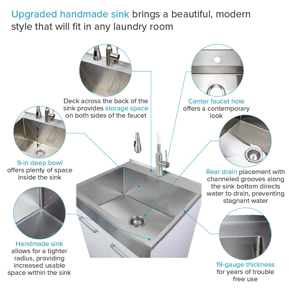 Transolid TCB-2420-WC 24-in Laundry Cabinet Sink Stainless Steel High Arc Faucet and Basket White