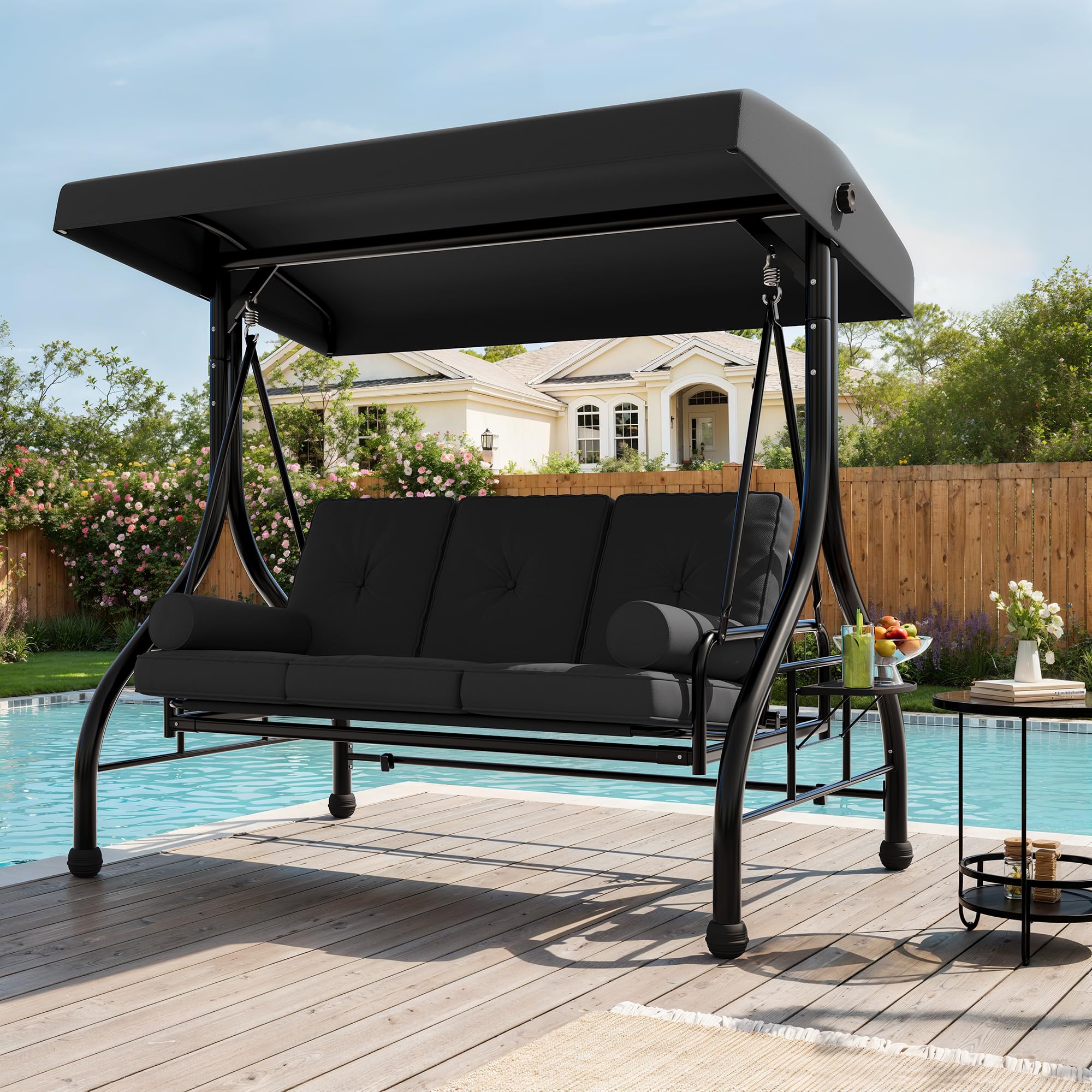 GarveeLife 5MF-3QUZRFNFNES 3-Person Gray Outdoor Patio Porch Swing with Adjustable Canopy and Side Table