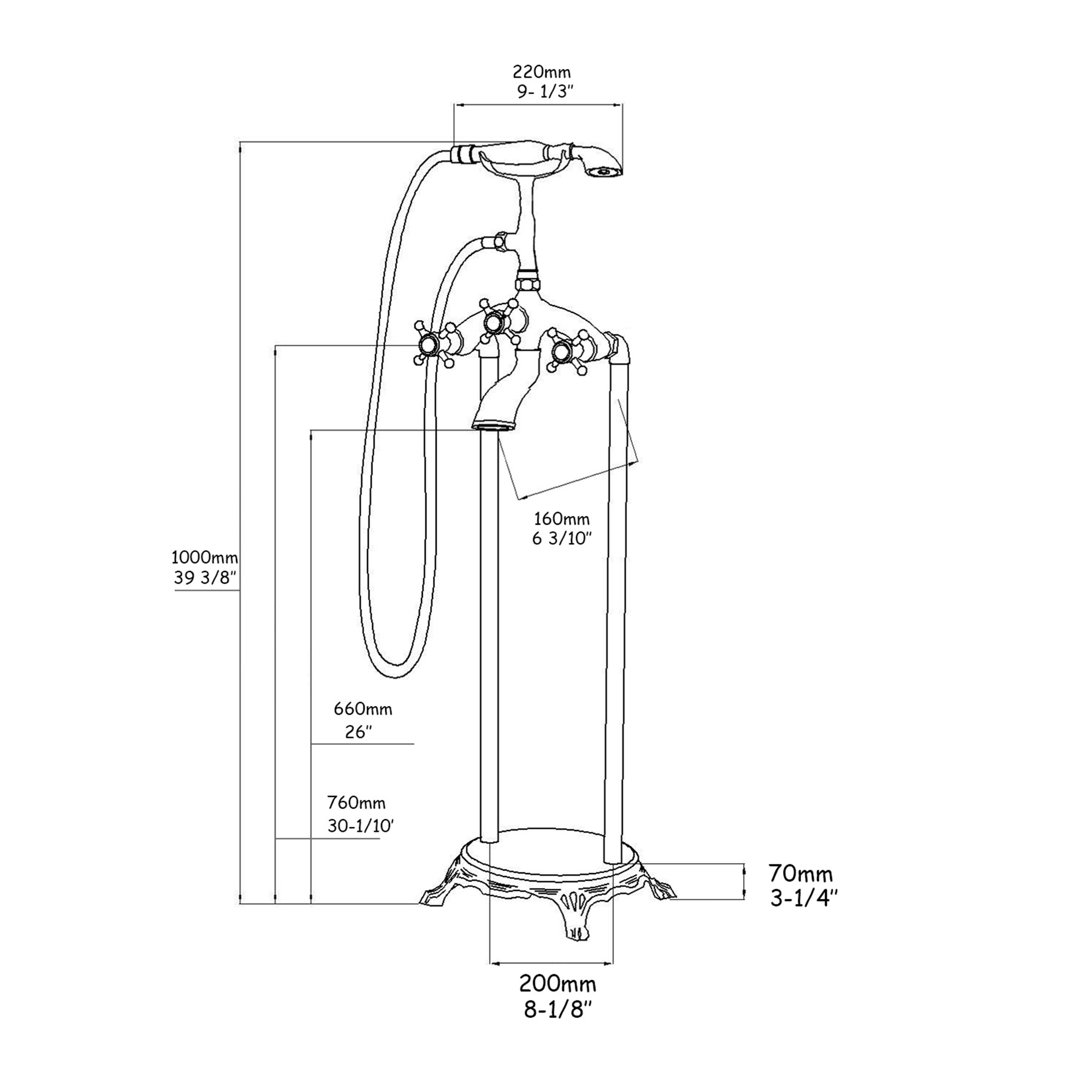 Clihome Ti Gold 3handle Freestanding Midarc Bathtub Faucet with Hand