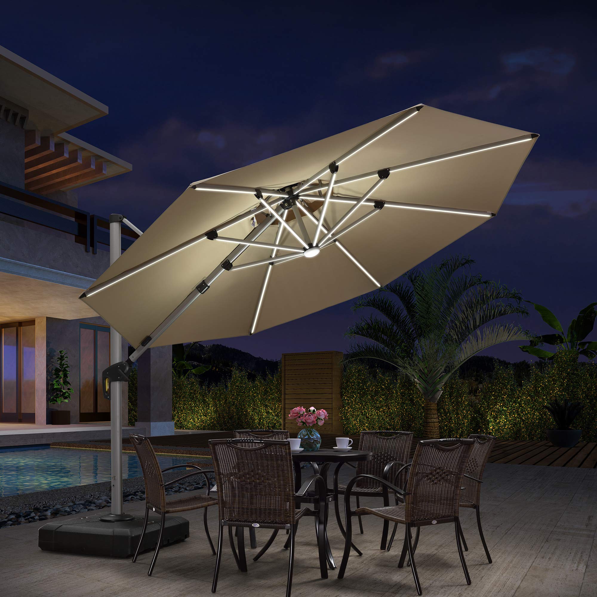 11-ft Aluminum Octagon Beige Cantilever Patio Umbrella with Lights | - PURPLE LEAF LSGLRRDT11-KK