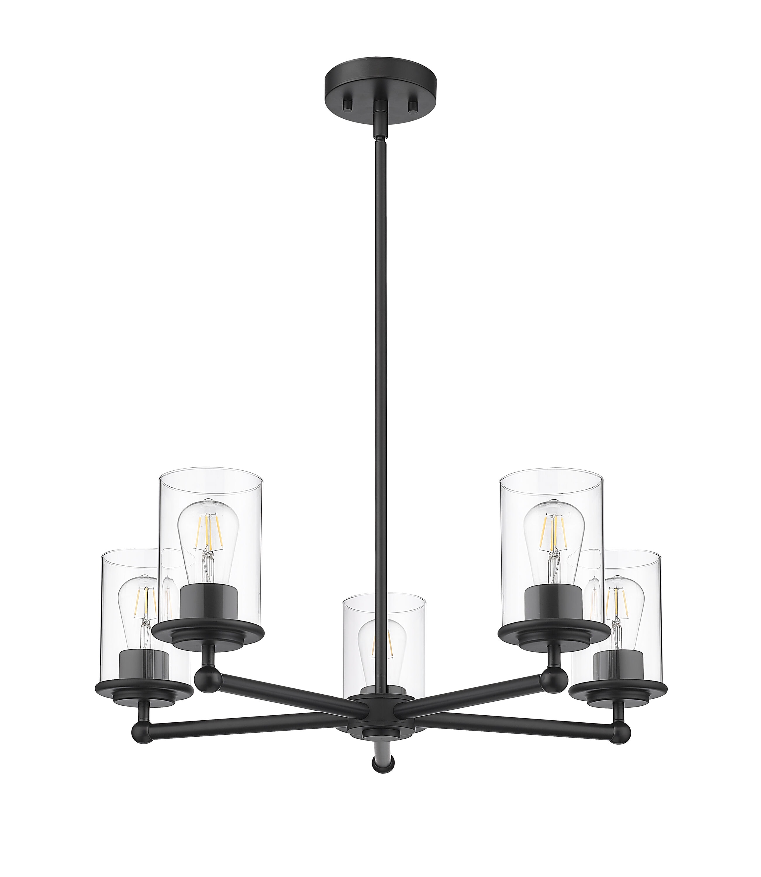 Matte Black 5-Light Steel Chandelier with Clear Glass Shades