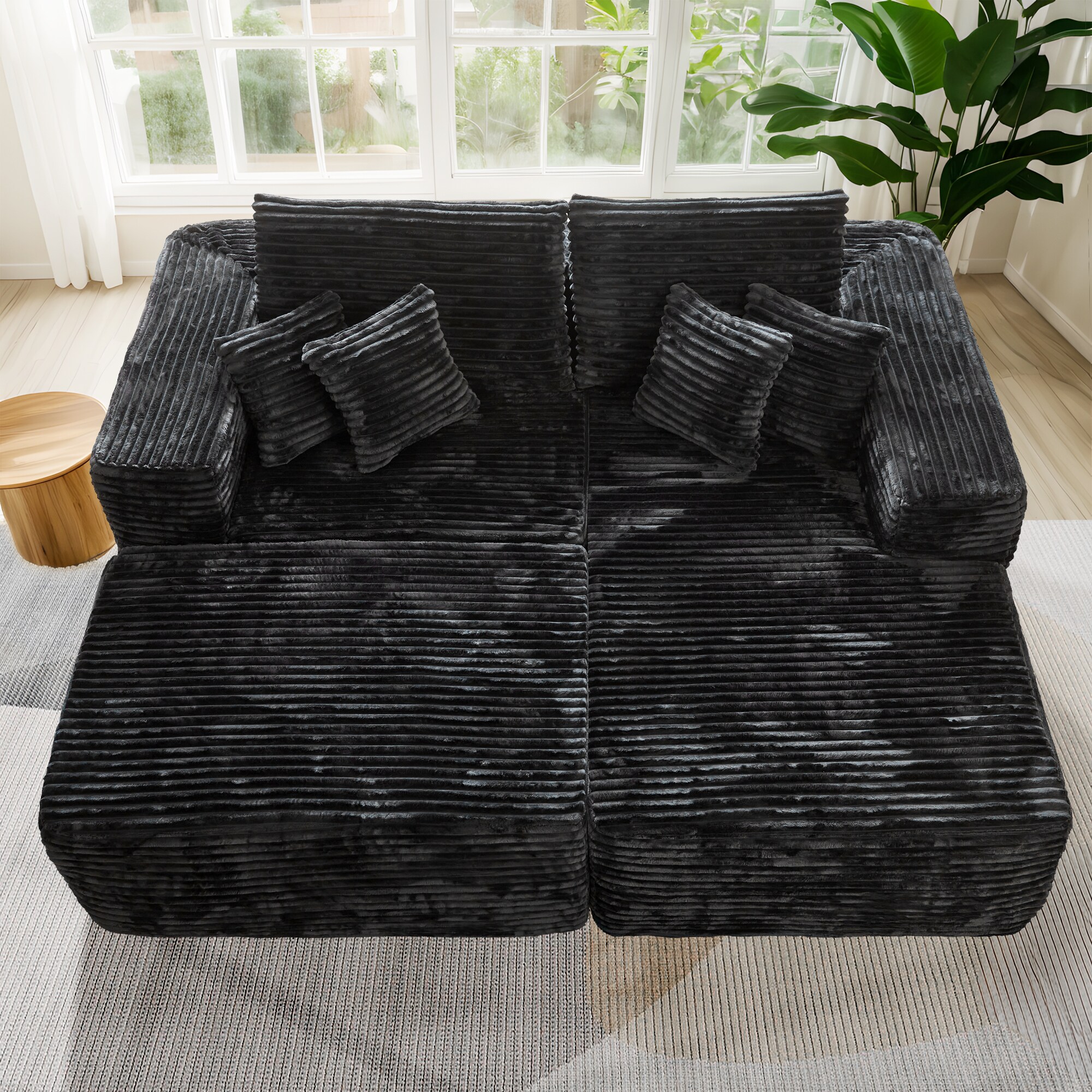 Pouuin SMOMO-430R 79.92-in Modern Black Plush Corduroy 2 -seater Sectional