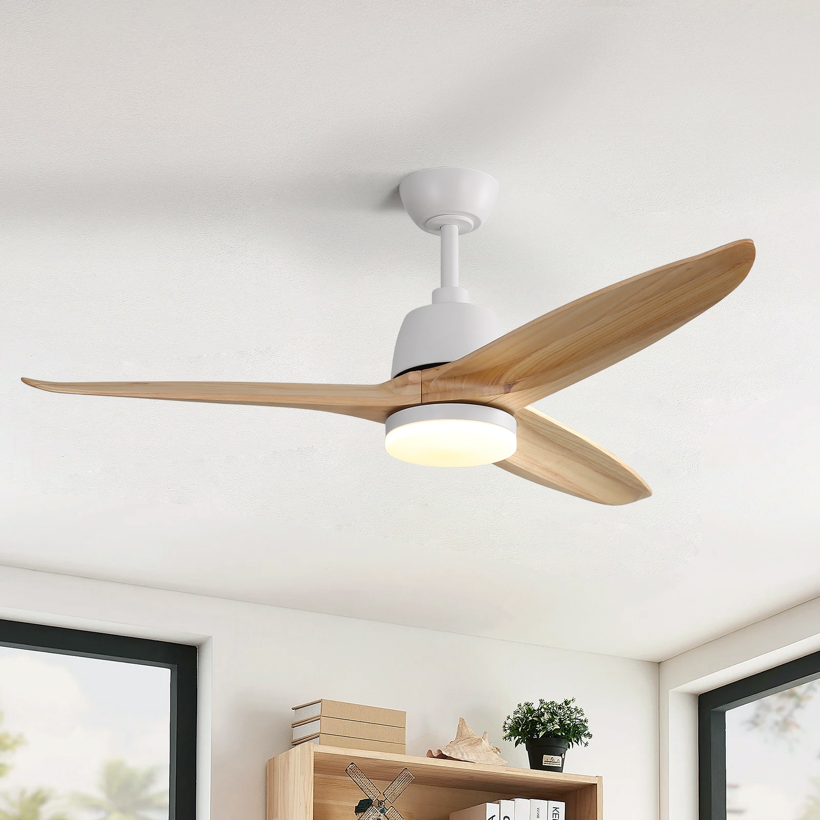 Sofucor LS-56K001-WH-YM-60-W Nicola 56-in Color-Changing Integrated LED Yellow with Yellow Blades Bladeless Ceiling Fan With Light and Remote ( 3 -Blade )