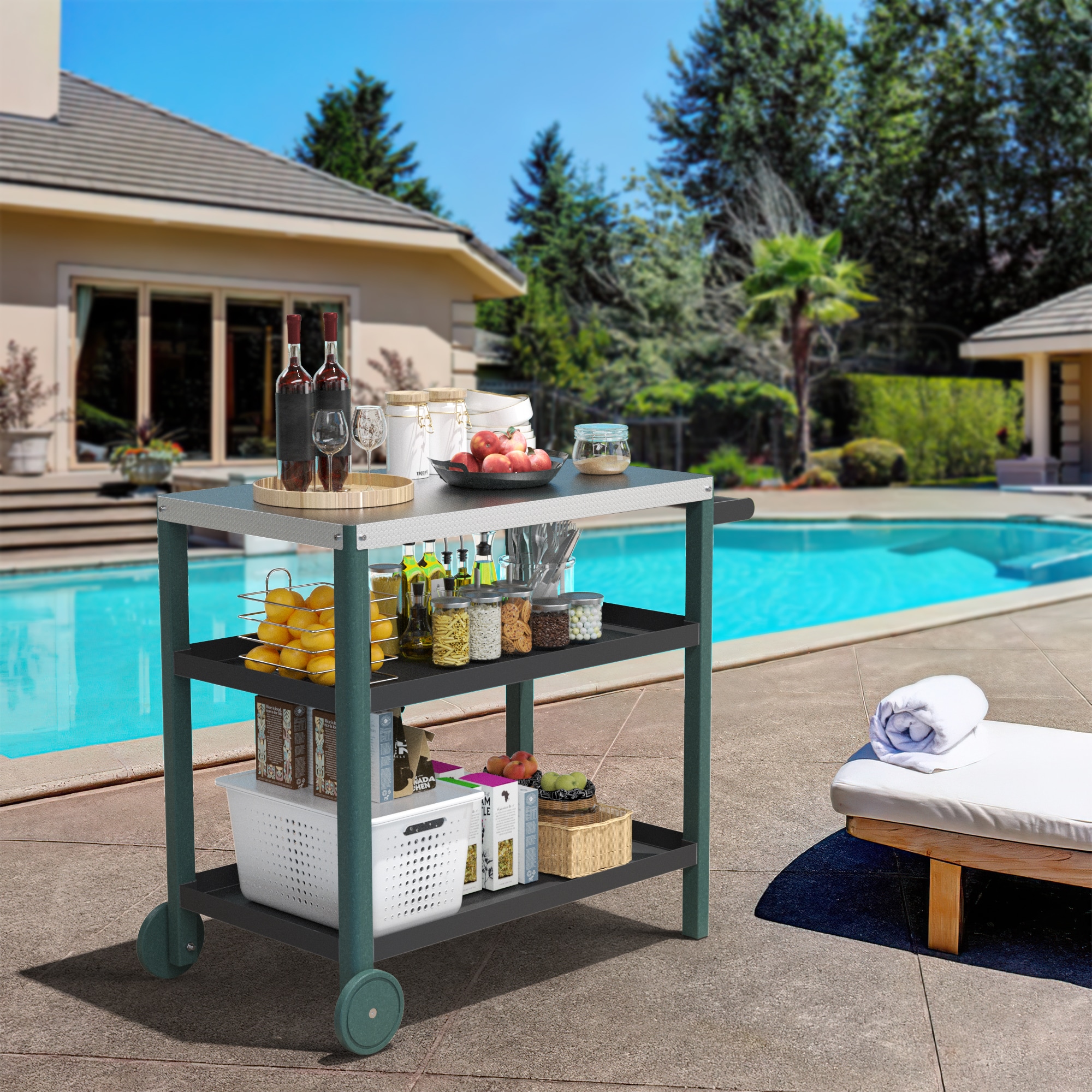 Poly furniture KC-SS06-BG Outdoor Grill Cart, Honeycomb Style Wear-Resistant Tabletop Dark Green Plastic Grill cart