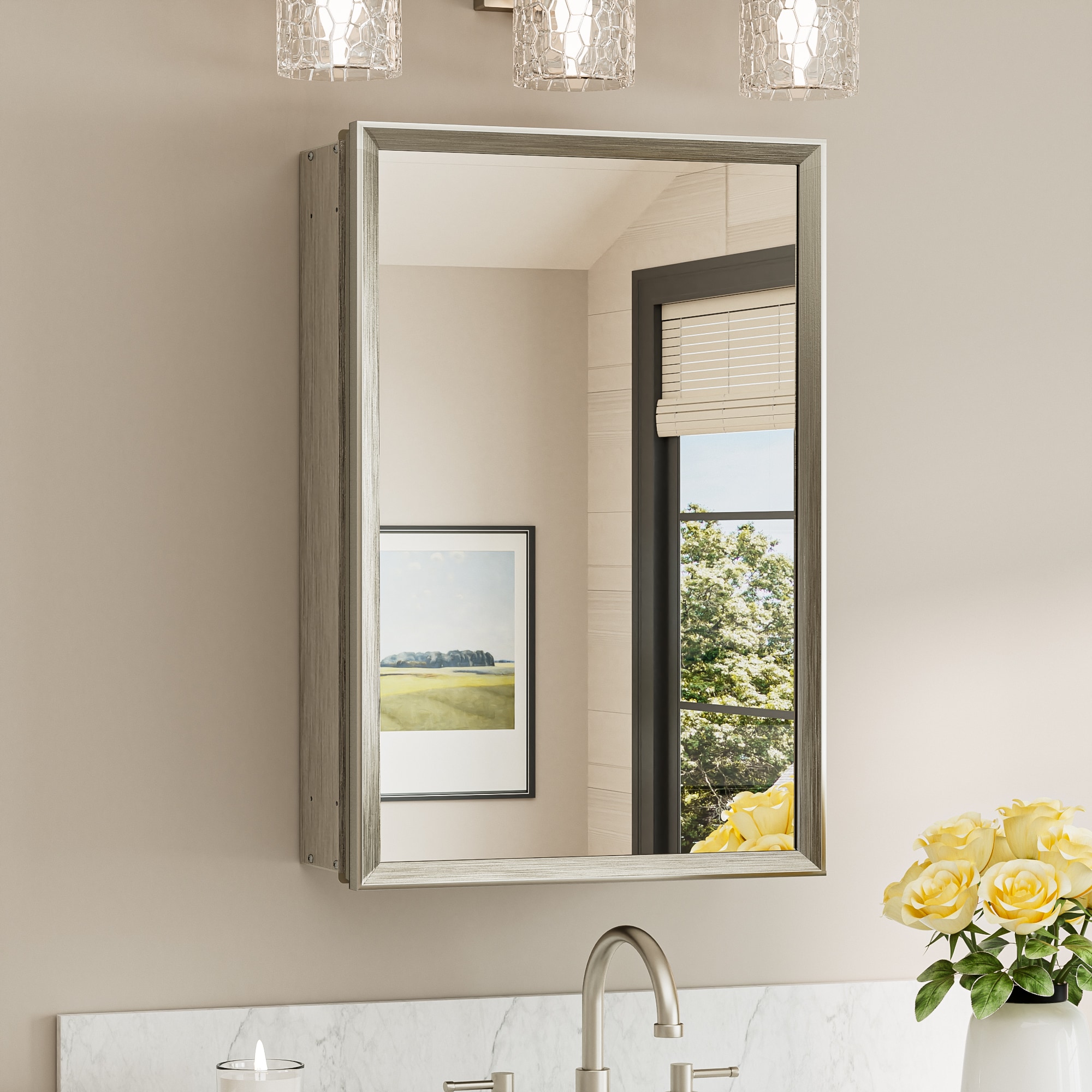 TETOTE 16x24 Brushed Nickel Medicine Cabinets Mirrors Surface/Recessed Mount Mirrored Rectangle Soft Close Medicine Cabinets