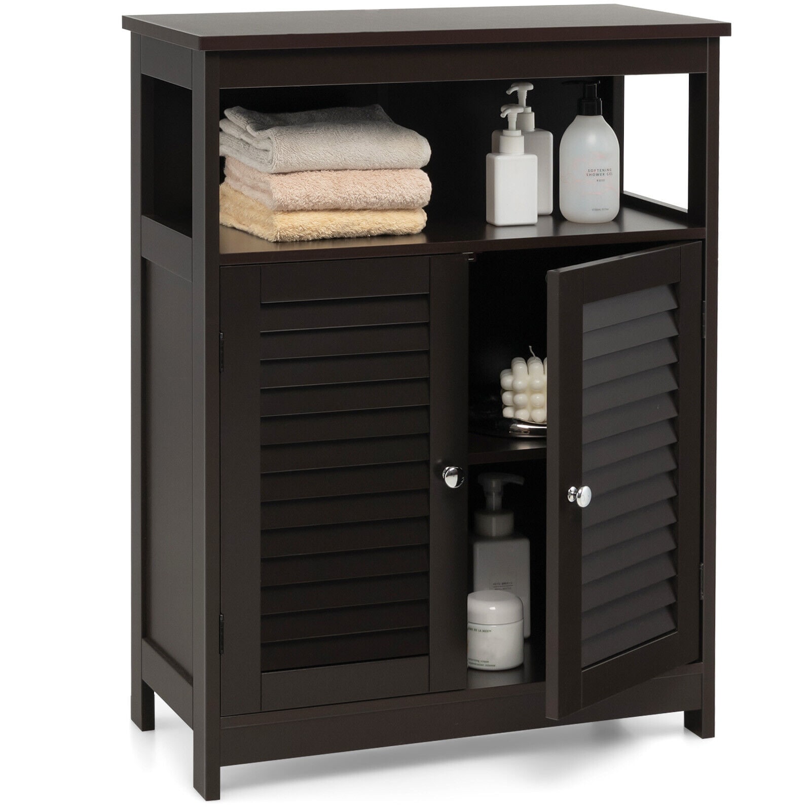 Volenca - 23.5-in W x 31.5-in H x 12-in D Freestanding Linen Cabinet with Louvered Doors and Open...